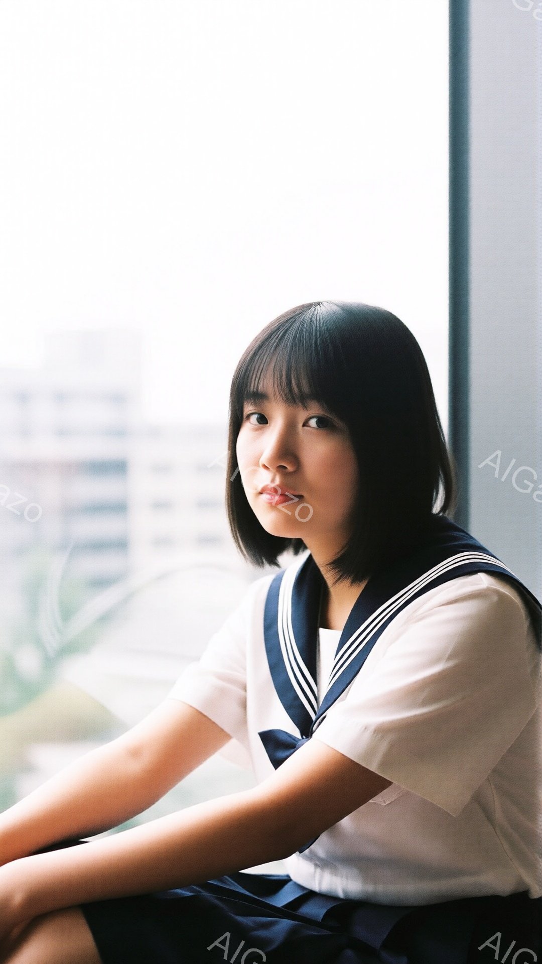 制服姿の女子学生が、窓際に座ってこちらを見ている。彼女は紺色のブレザーに白いシャツ、そして短い黒髪のヘアスタイルをしている。背景にはぼやけた都市の風景が広がり、穏やかで少し物憂げな雰囲気が漂っている。