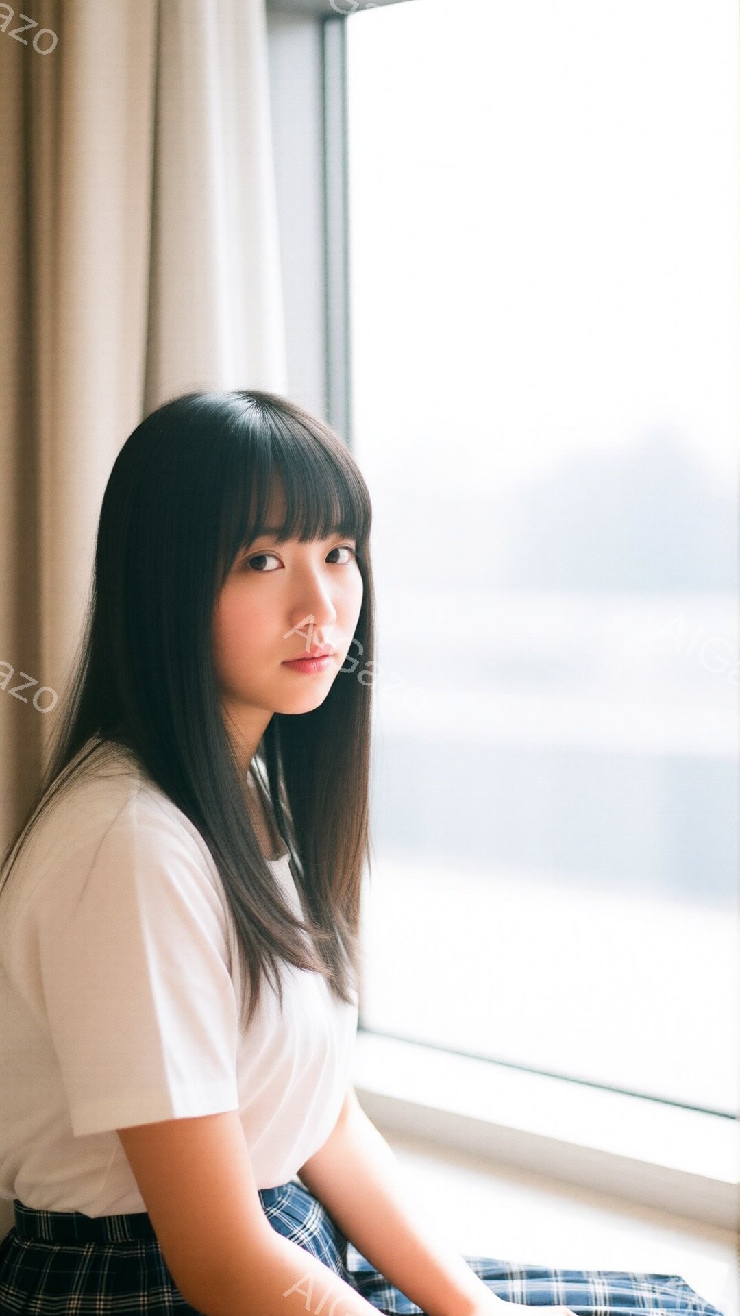 若い女性が窓辺に座っており、白いTシャツとチェック柄のスカートを着用しています。彼女は長い黒髪で、前髪は眉毛のあたりでカットされています。表情は穏やかで、少し微笑んでいるように見え、リラックスした雰囲 - AI生成フリー素材