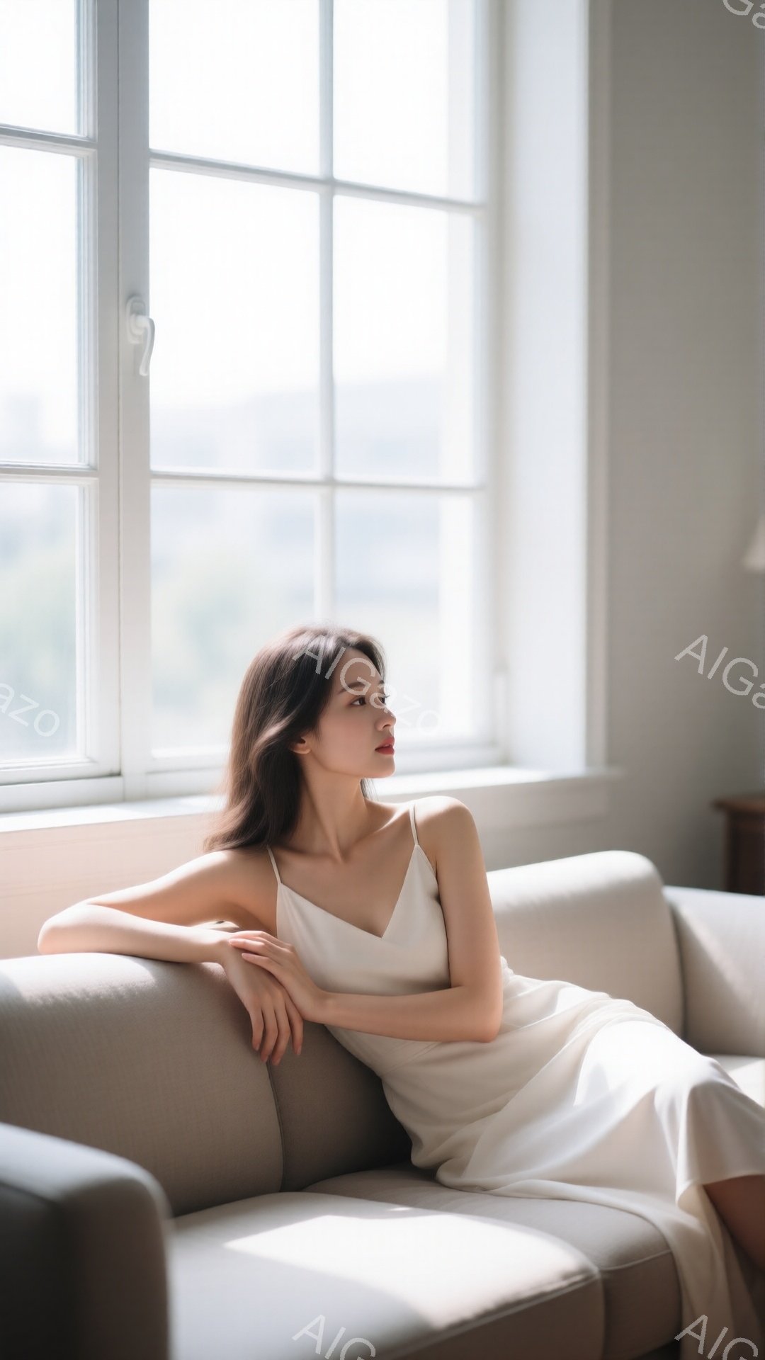 白いキャミソールワンピースを着た女性が、ベージュ色のソファに横たわって窓の外を見つめている。彼女は軽く微笑み、髪は自然なウェーブで肩にかかっている。背景には、窓から見える都市の風景と、部屋の隅にある木 - AI生成フリー素材