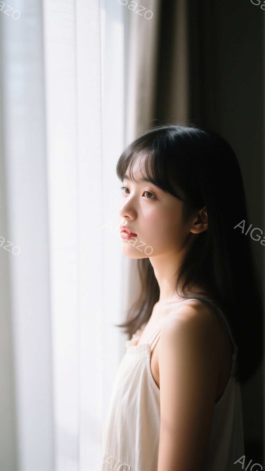 黒髪で前髪が目の上ギリギリにカットされた若い女性が、白いノースリーブのワンピースを着て、窓辺に立っている。彼女は少し口を開けて遠くを見つめ、穏やかで物憂げな表情を浮かべている。背景はぼやけた白いカーテ - AI生成フリー素材