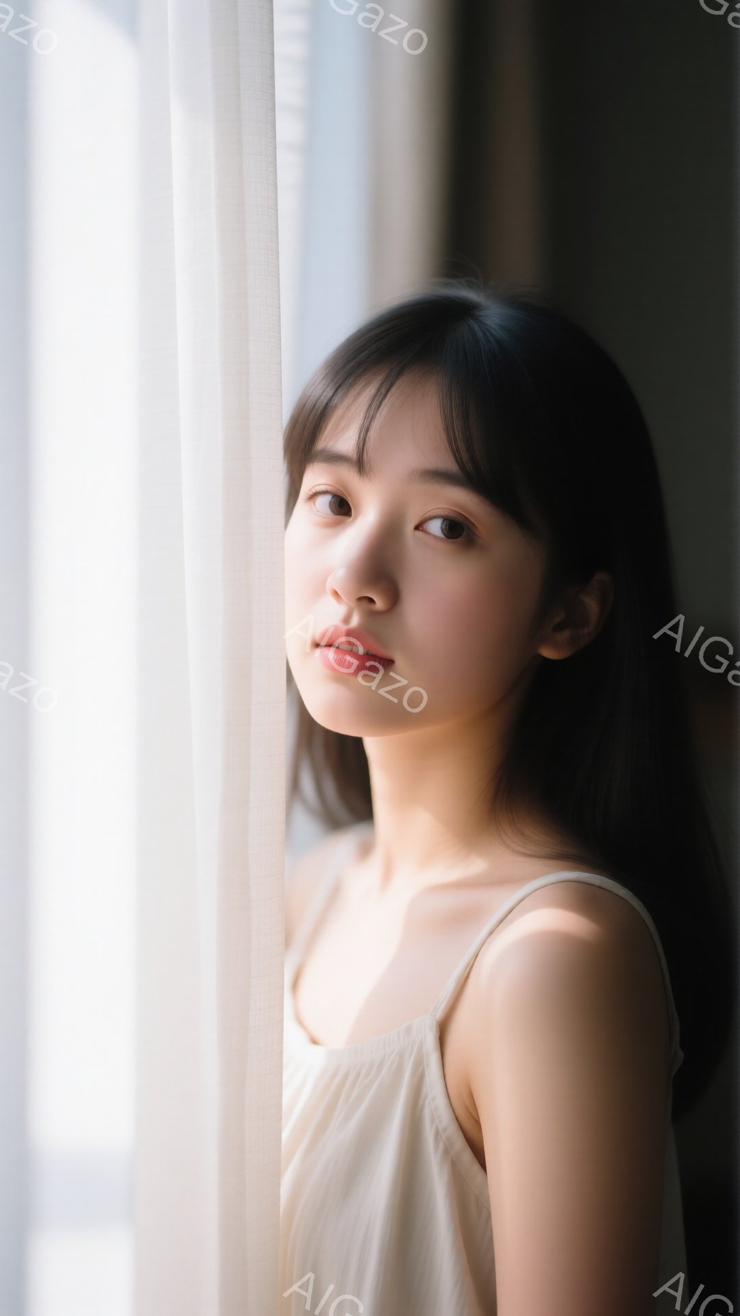 光が差し込む窓辺で、若い女性が写っている。彼女は肩出しのクリーム色のトップスを着ており、長い黒髪は自然に肩にかかっている。表情は穏やかで、少し微笑んでいるように見え、全体的に柔らかく優しい雰囲気を醸し - AI生成フリー素材