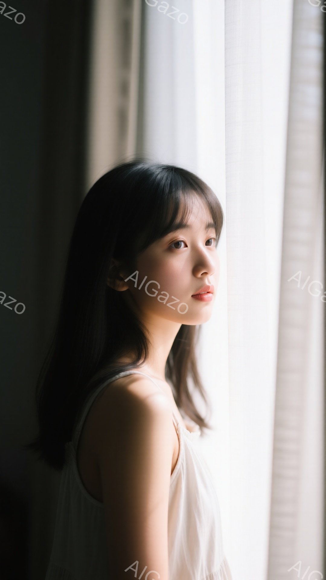 光が差し込む窓辺で、横顔を見せる若い女性が写っている。彼女は白いキャミソール風の服を着ており、ダークブラウンのゆるいウェーブヘアが肩にかかっている。落ち着いた表情で、どこか憂いを帯びた横顔が印象的だ。