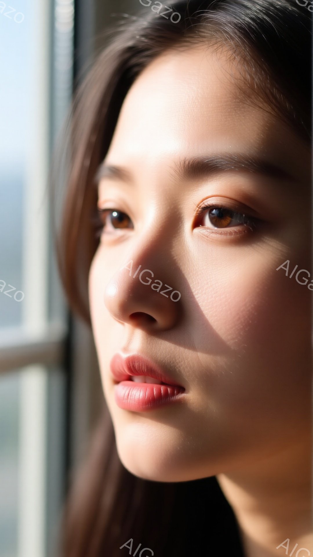 濃い茶色の長い髪を持つ女性が、窓の外を見つめています。彼女は落ち着いた表情で、唇は少し開いており、柔らかな光が彼女の顔に当たっています。背景にはぼやけた都市の風景が見え、全体的に穏やかで内省的な雰囲気 - AI生成フリー素材