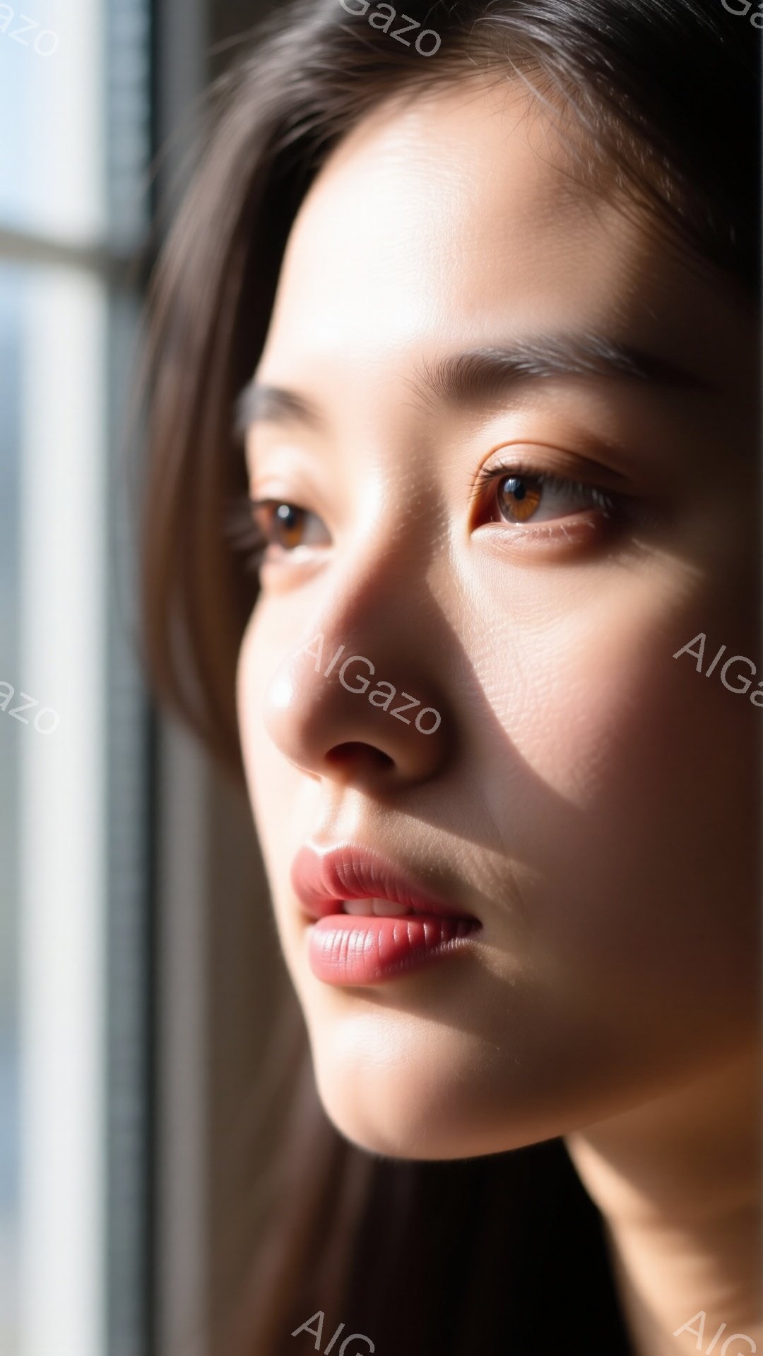 この画像は、窓の外を見つめる女性のクローズアップです。彼女は長い黒髪で、少し微笑んでいるように見え、穏やかな表情をしています。背景にはぼやけた建物が見え、柔らかい光が彼女の顔を照らし、全体的に平和で物憂げな雰囲気を醸し出しています。