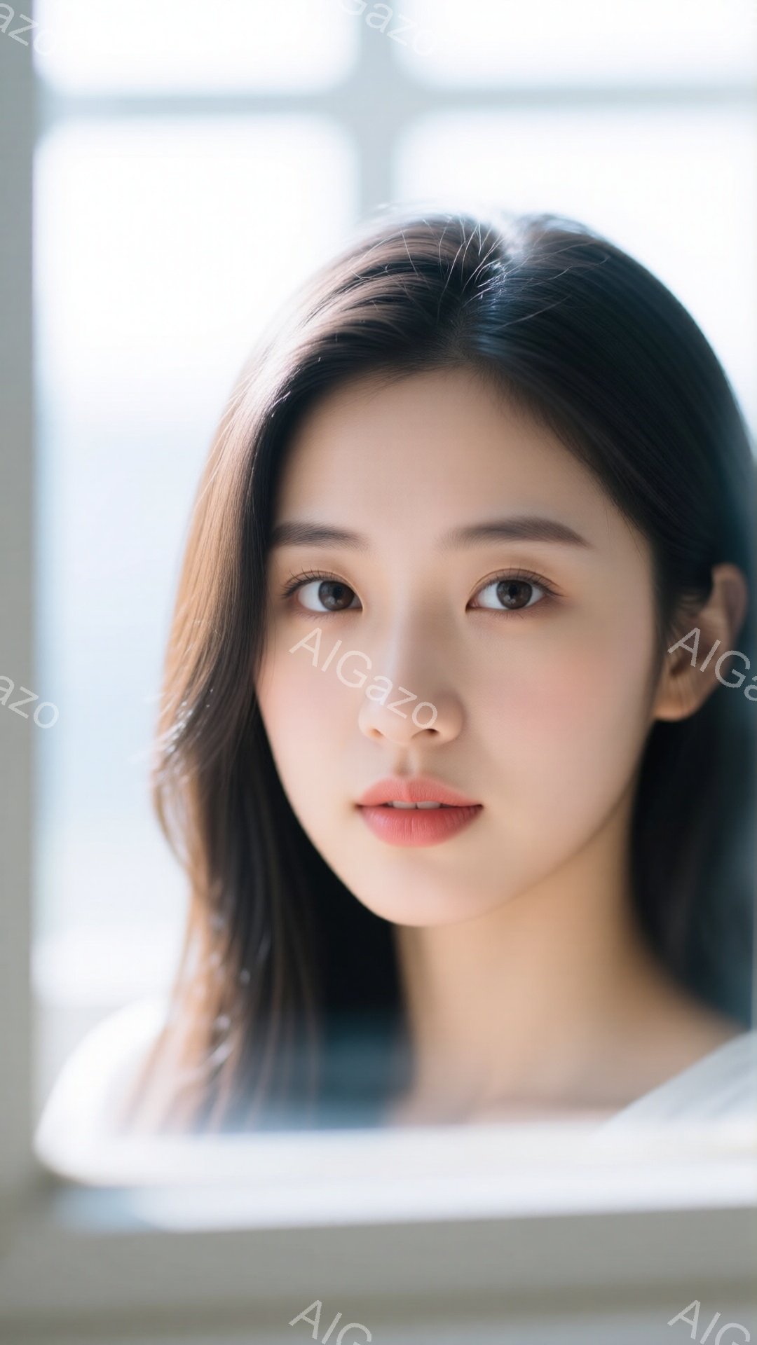 長い黒髪をセンターパートにした若い女性が写っている。彼女は白いトップスを着ており、わずかに微笑んでいる穏やかな表情をしている。背景には窓枠が見え、柔らかく自然な光が彼女を照らしている。