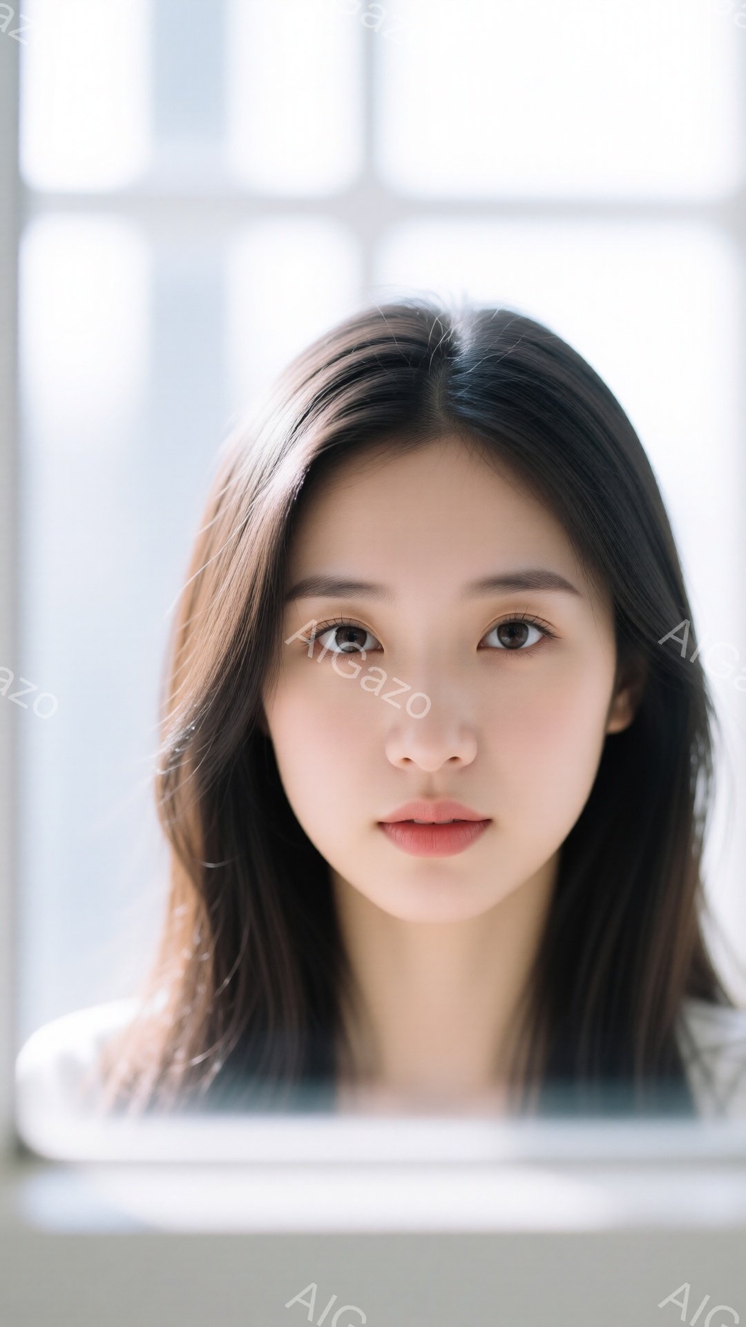 画像は、黒髪の長いストレートヘアを肩のあたりで切りそろえた若い女性のポートレートです。彼女は白いトップスを着ており、落ち着いた表情で正面を見つめています。背景はぼやけた窓で、自然光が柔らかく彼女を照らし、全体的に穏やかで洗練された雰囲気を醸し出しています。