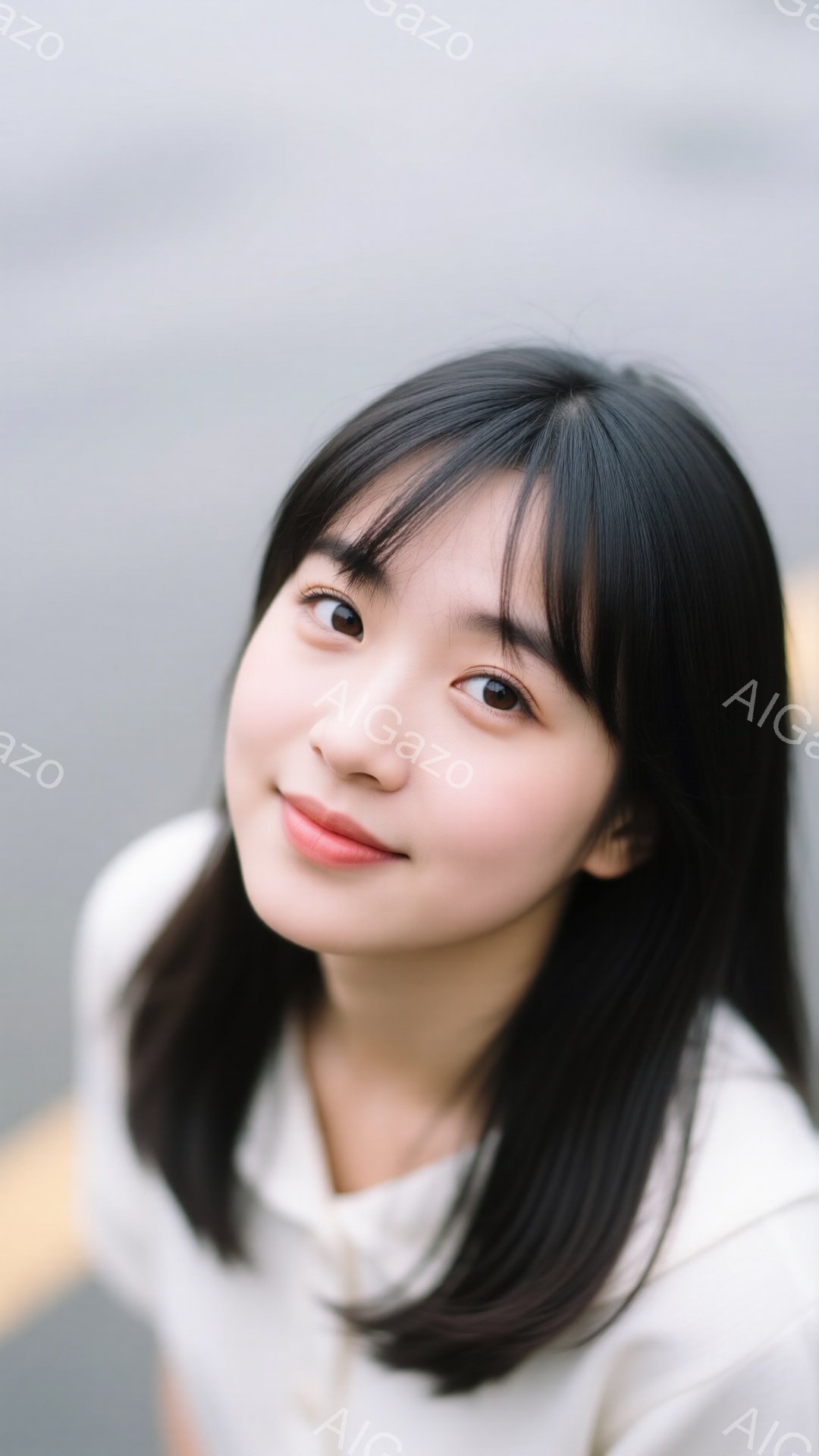 この女性は、肩までの長さの黒髪で、前髪は少しふさふさとしており、白いブラウスを着ています。彼女はわずかに微笑んでおり、視線はカメラに向けられています。背景はぼやけており、道路の一部が見えますが、全体的 - AI生成フリー素材