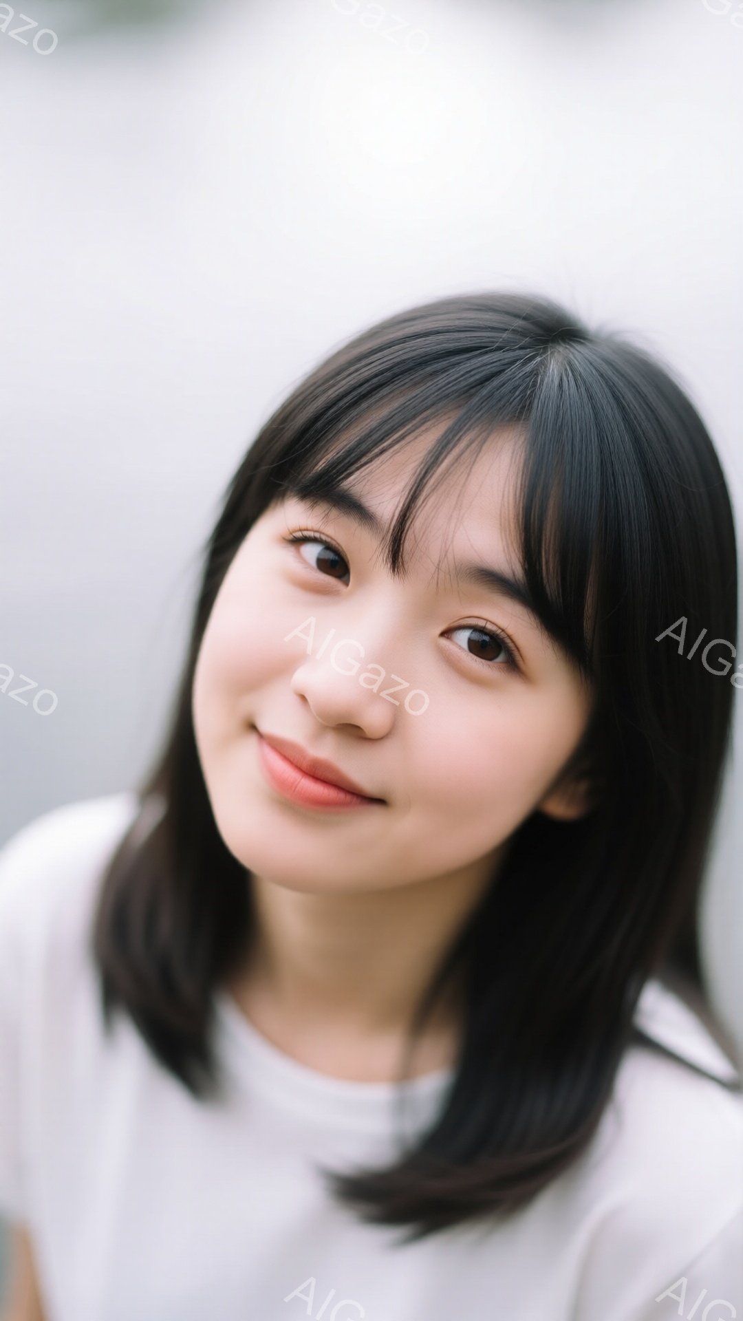 この画像は、短い黒髪の女性のポートレートです。彼女は白いTシャツを着ており、わずかに微笑んでいます。背景はぼやけていますが、おそらく屋外で、明るい日差しが当たっているように見えます。 - AI生成フリー素材