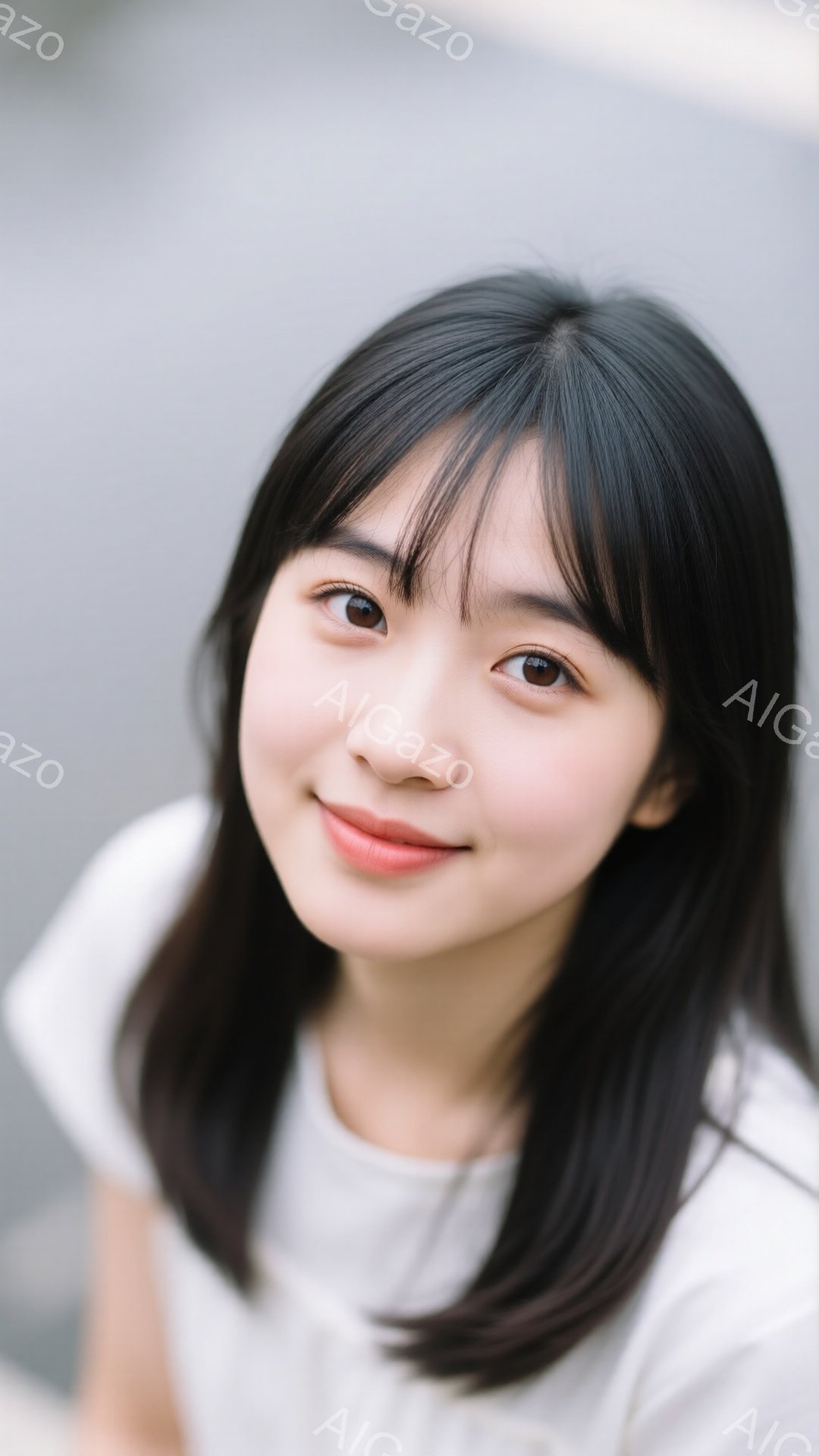 この画像は、黒髪の短いボブヘアの若い女性が写っています。彼女は白いTシャツを着ており、穏やかな笑顔でカメラを見ています。背景はぼやけていますが、グレーの壁か地面の一部が見え、全体的に柔らかく優しい雰囲気を醸し出しています。