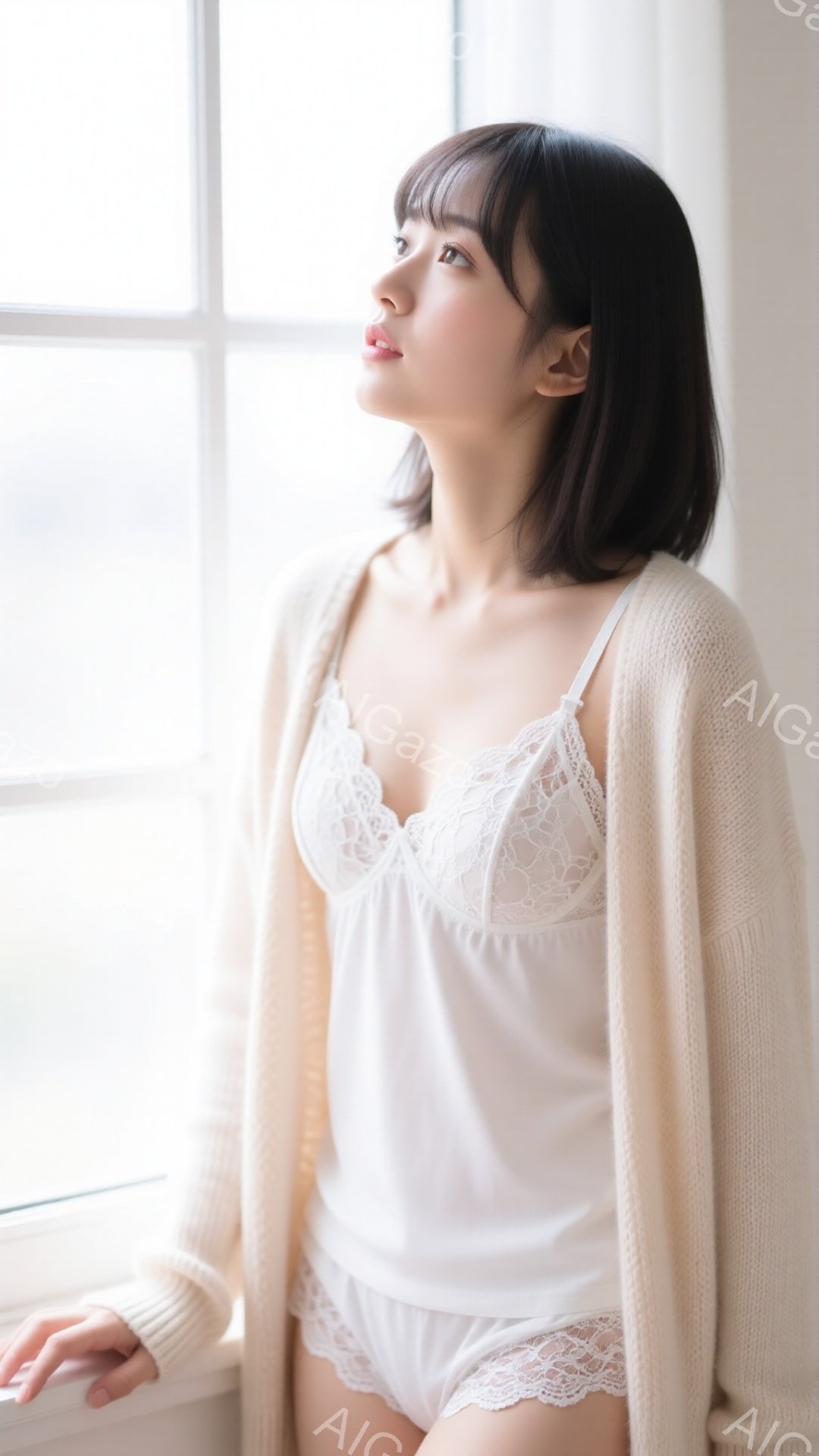 明るい窓辺に立つ女性は、オフホワイトのレースが繊細なキャミソールとショーツ姿に、淡いベージュのカーディガンを羽織っています。黒髪のショートボブヘアで、少し上を見つめる表情は穏やかで、リラックスした雰囲気を醸し出しています。背景は白い壁と窓枠で、全体的に柔らかく、優しい光に包まれています。
