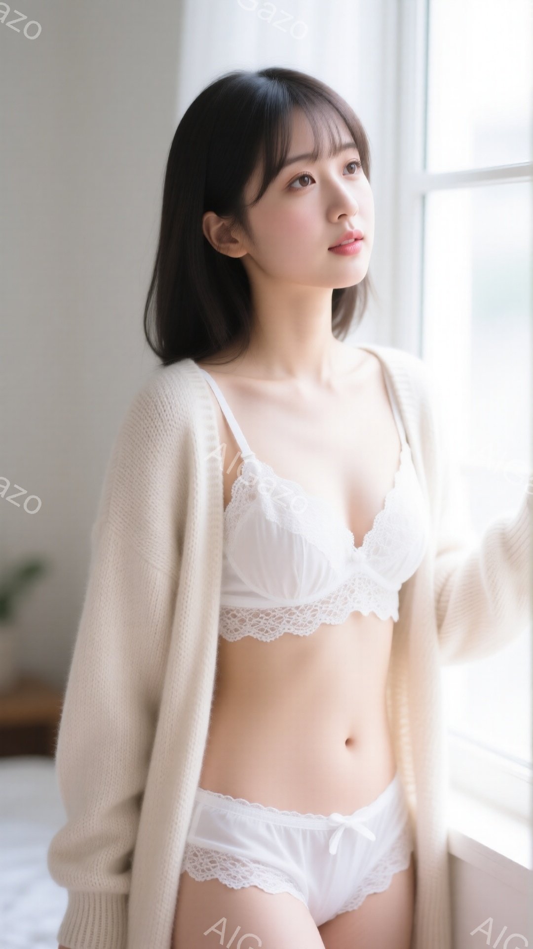長い黒髪にふんわりとした前髪が特徴的な女性が、クリーム色のカーディガンと白いレースのランジェリー姿で窓辺に立っています。彼女はリラックスした表情で、わずかに微笑んでいるように見えます。背景はぼやけてい - AI生成フリー素材
