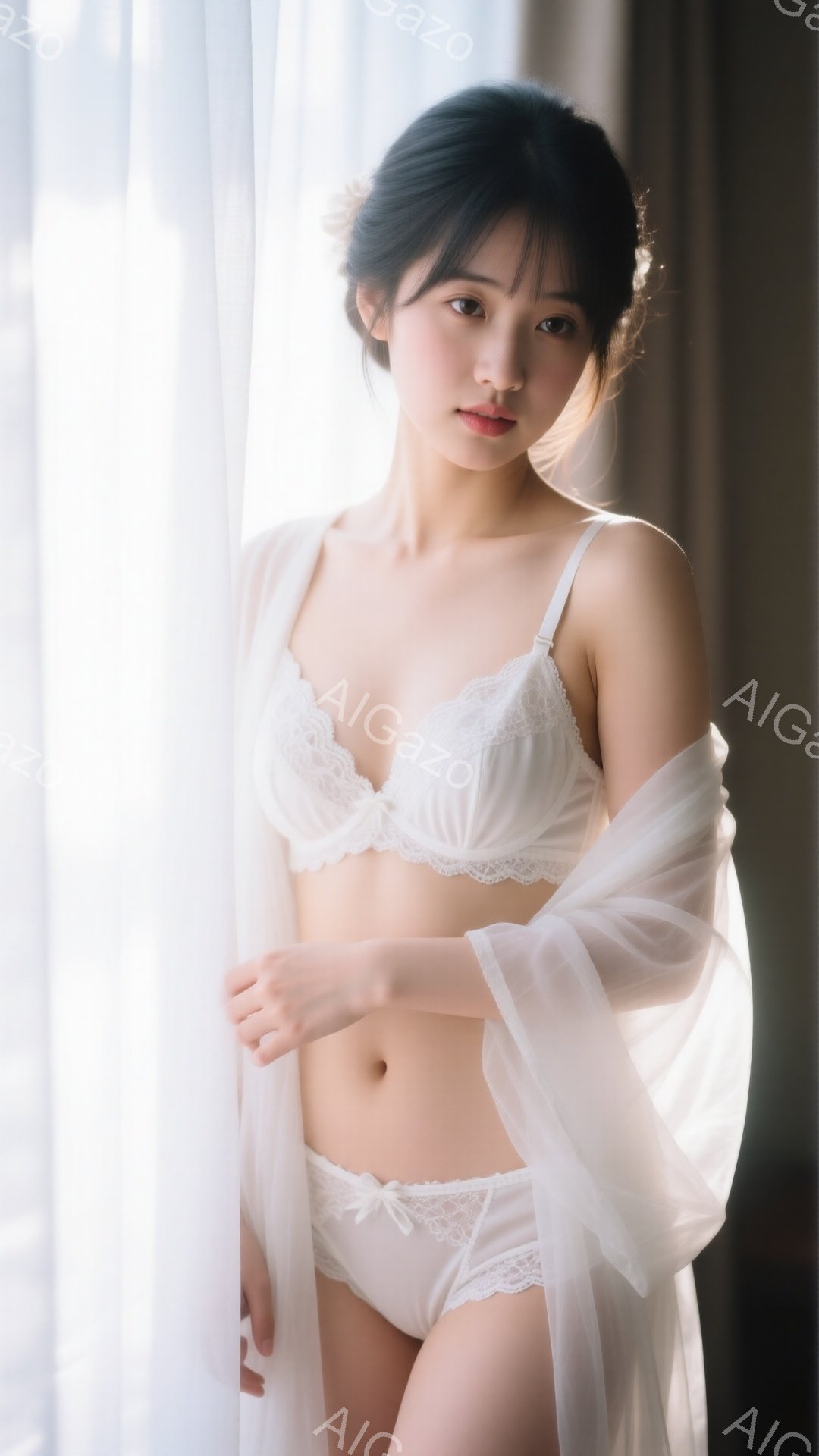 白いレースのブラとショーツを身につけ、透き通るような白いローブを羽織った女性が写っています。彼女はわずかに微笑み、リラックスしたポーズでカメラを見つめており、長い黒髪は自然に肩にかかっています。背景はぼやけた窓からの光で明るく、全体的に柔らかく、優雅で、内面的な雰囲気が漂っています。