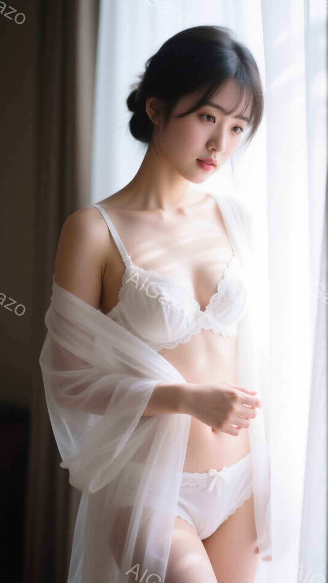 白いレースのブラとショーツを身につけ、シアーな白いローブを羽織った若い女性が写っている。彼女は少し内側を向き、片手を腹部に当て、優雅なポーズをとっている。背景はぼやけており、窓から差し込む光が彼女を照らし、柔らかく繊細な雰囲気を醸し出している。
