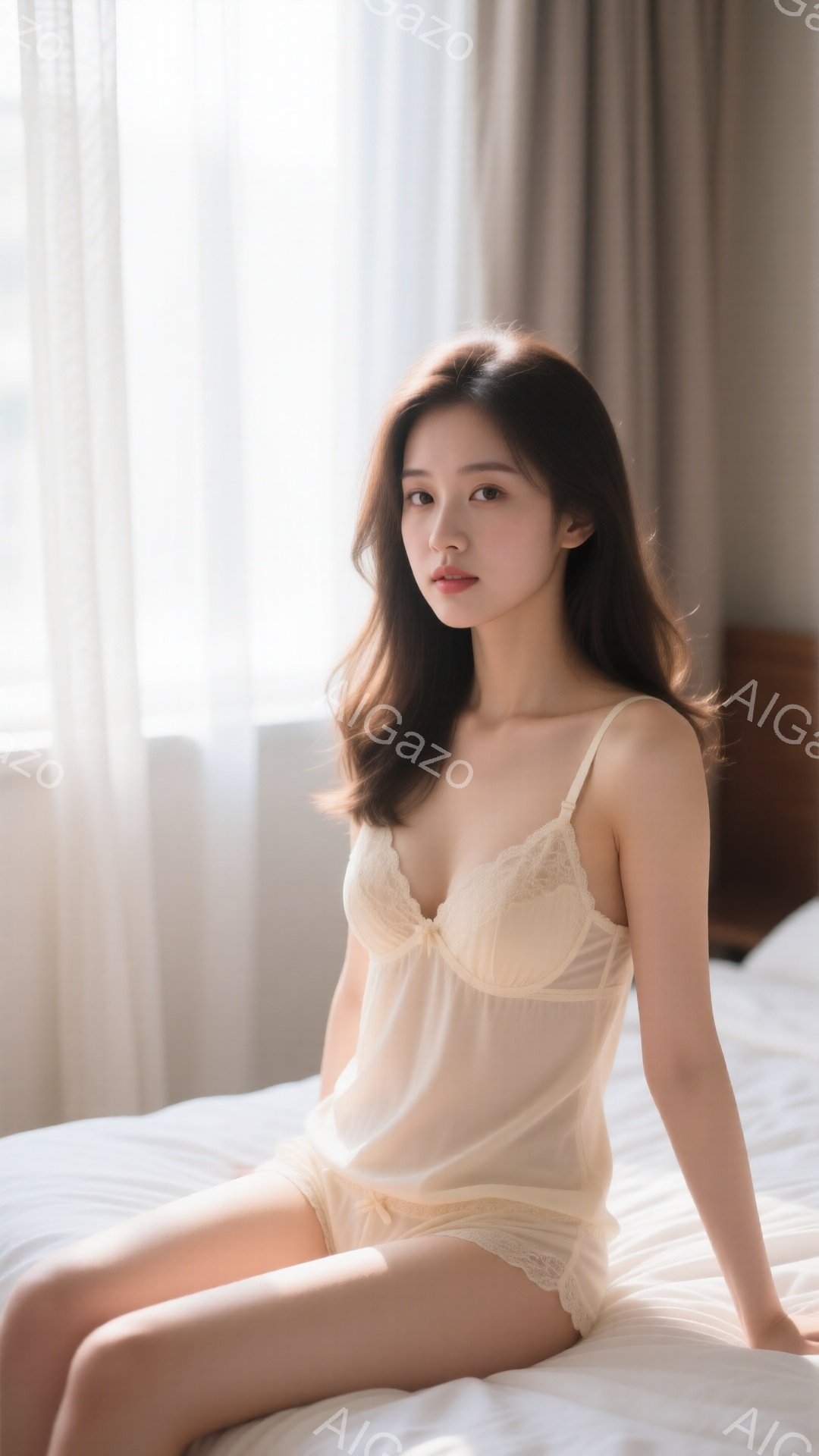 長い黒髪を肩にかけた女性が、クリーム色の繊細なレースのキャミソールとショーツ姿でベッドに座っている。彼女はまっすぐ前を見て穏やかな表情を浮かべており、リラックスした雰囲気を醸し出している。背景は薄暗く、窓から差し込む光が彼女を柔らかく照らし、全体的に上品で落ち着いた印象を与える。
