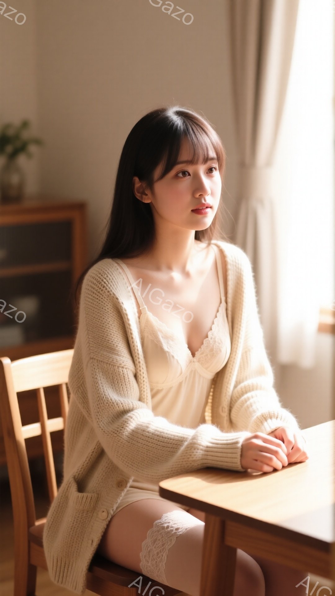 長い黒髪を肩で分けている女性が、オフホワイトのざっくりとしたニットカーディガンとクリーム色のキャミソール、レースのついたストッキングを身に着けて椅子に座っています。彼女はリラックスした姿勢で手を組み、少し物憂げな表情で遠くを見つめています。背景には木製の家具が見え、柔らかな自然光が差し込み、穏やかで落ち着いた雰囲気を醸し出しています。