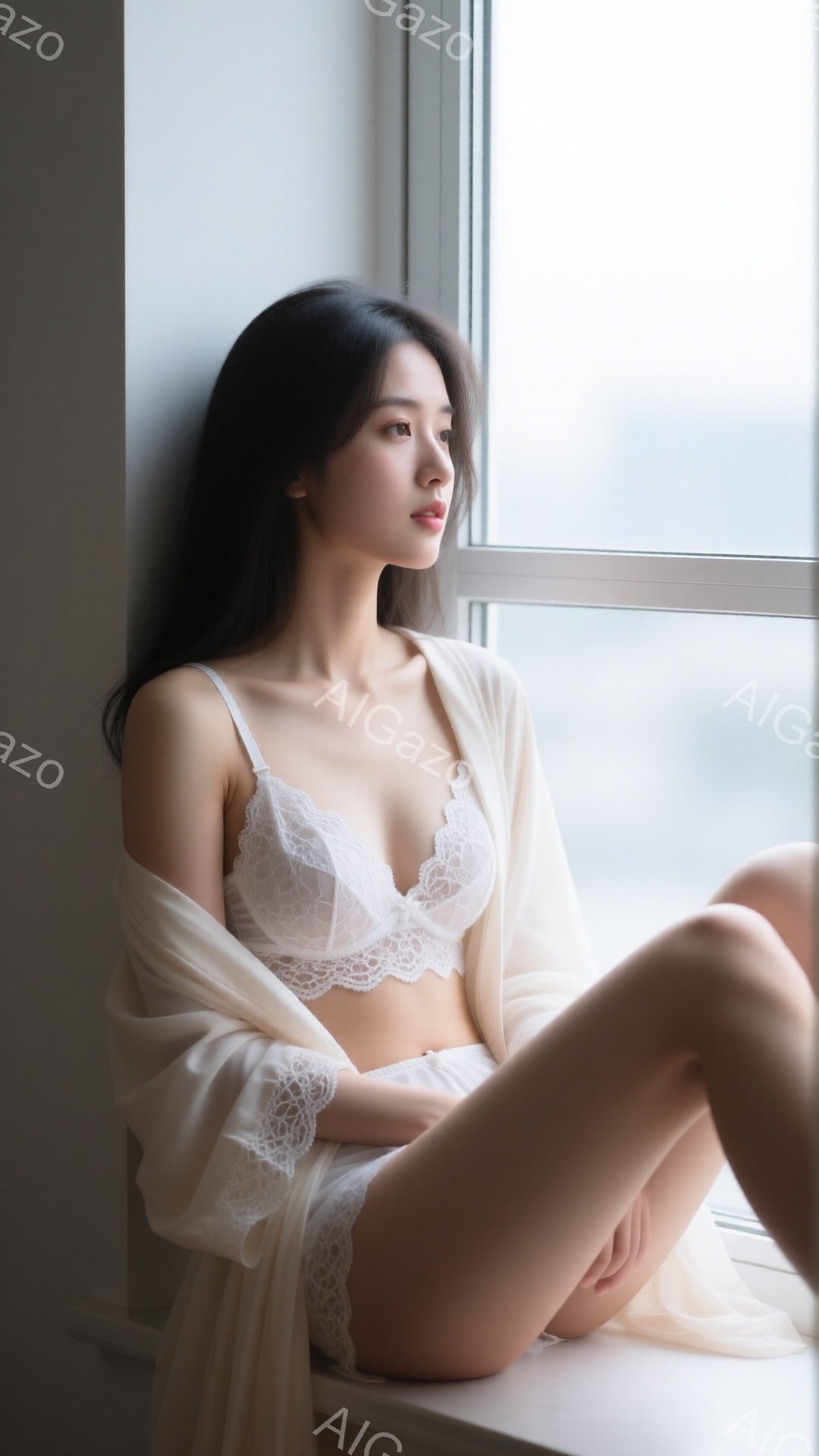 長い黒髪の女性が窓枠に座り、白いレースのブラとショーツ、そして薄手の白いガウンを着ています。彼女は横を向き、遠くを見つめ、物憂げな表情をしています。背景にはぼやけた都市の風景が見え、光が差し込み、全体 - AI生成フリー素材