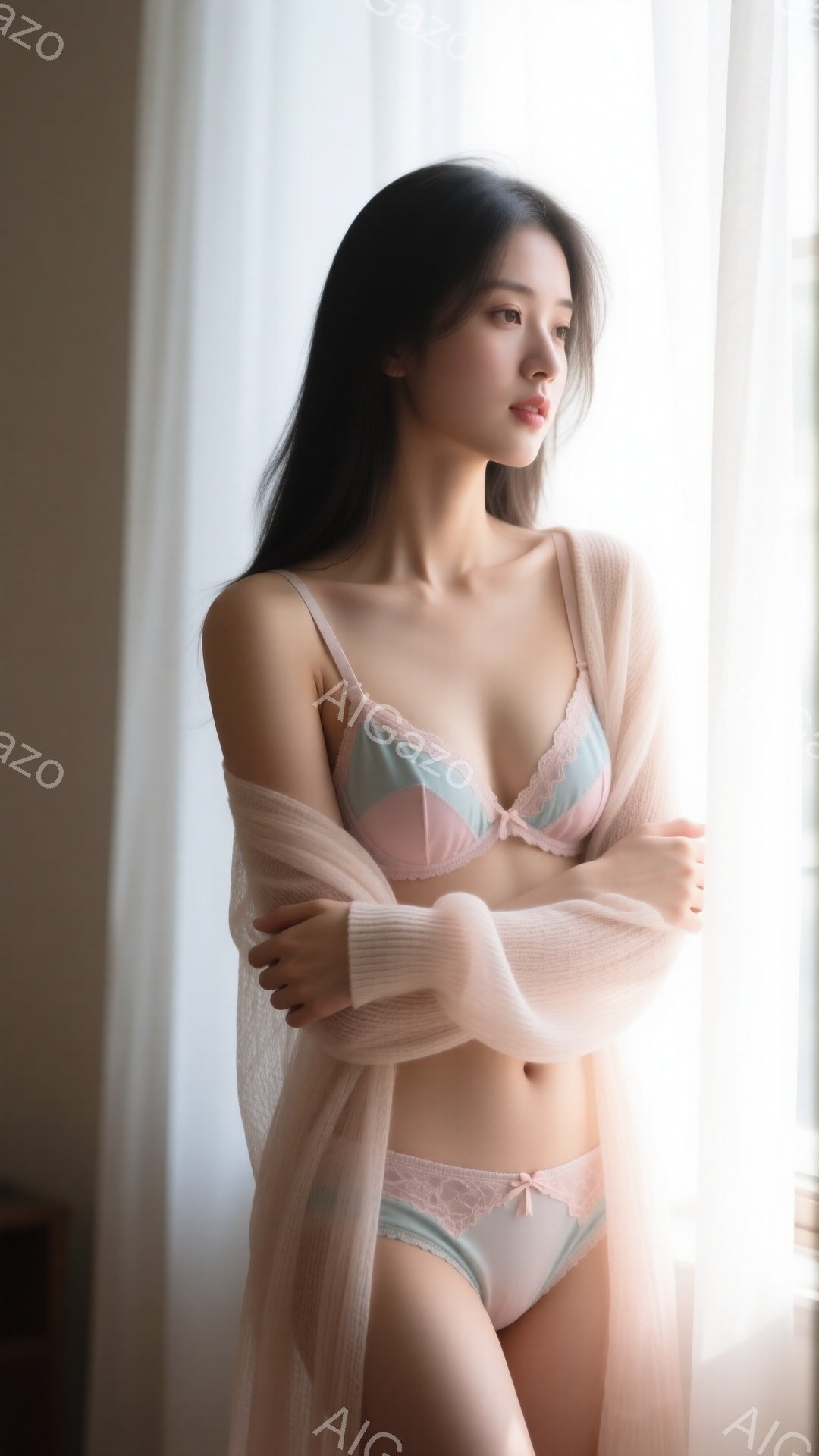 長い黒髪を無造作に垂らし、薄いピンク色のカーディガンを羽織った女性が描かれています。パステルカラーのランジェリー姿で、腕を組んで少し内側を向き、物憂げな表情を浮かべています。背景は明るい窓からの光でぼ - AI生成フリー素材