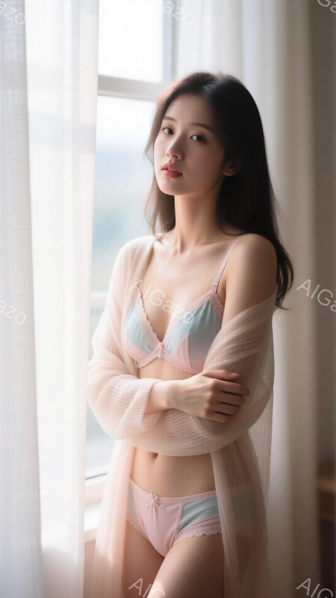 長い黒髪を肩にかける女性が、薄いピンクのレースのブラとショーツ、そして同色の透け感のあるカーディガンを身に着けて立っている。彼女は腕を組み、少し微笑んでおり、背景にはぼやけた都市の景色が見える。 全体的に、柔らかくロマンチックな雰囲気で、自然光が彼女を優しく照らしている。