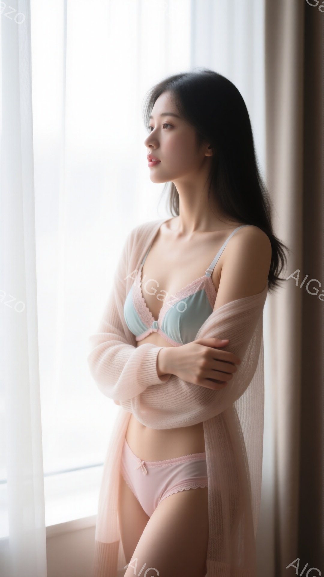 長い黒髪を肩にかけた女性が、薄いピンク色のカーディガンと下着姿で窓際に立っている。彼女は腕を組んで少し横を向き、物憂げな表情で外を見つめている。背景にはぼんやりとした窓枠と淡い光が差し込み、全体的に柔らかく物静かな雰囲気を醸し出している。