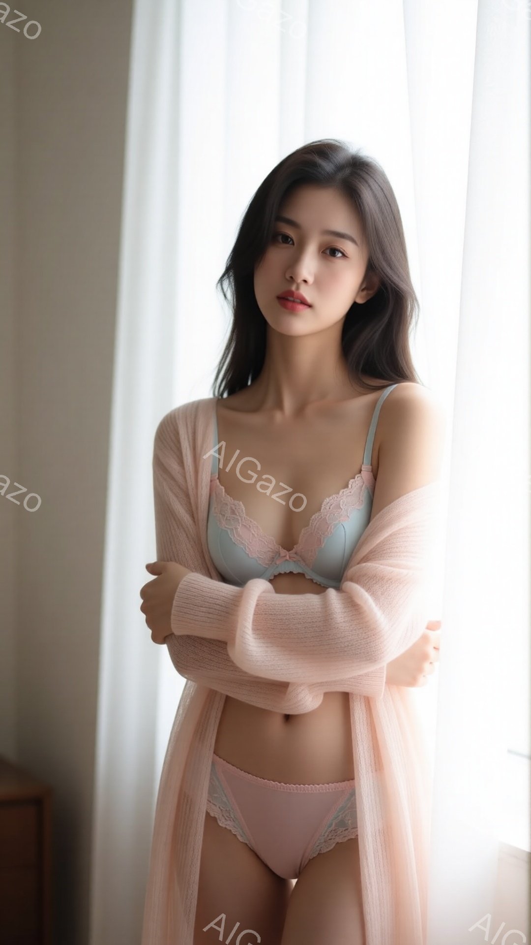 長いダークブラウンの髪を無造作に垂らし、水色のレースのブラとピンクのショーツに、薄いピンクのカーディガンを羽織った女性が写っている。彼女は腕を組んでおり、わずかに微笑んでいる表情で、白いカーテンの前で - AI生成フリー素材