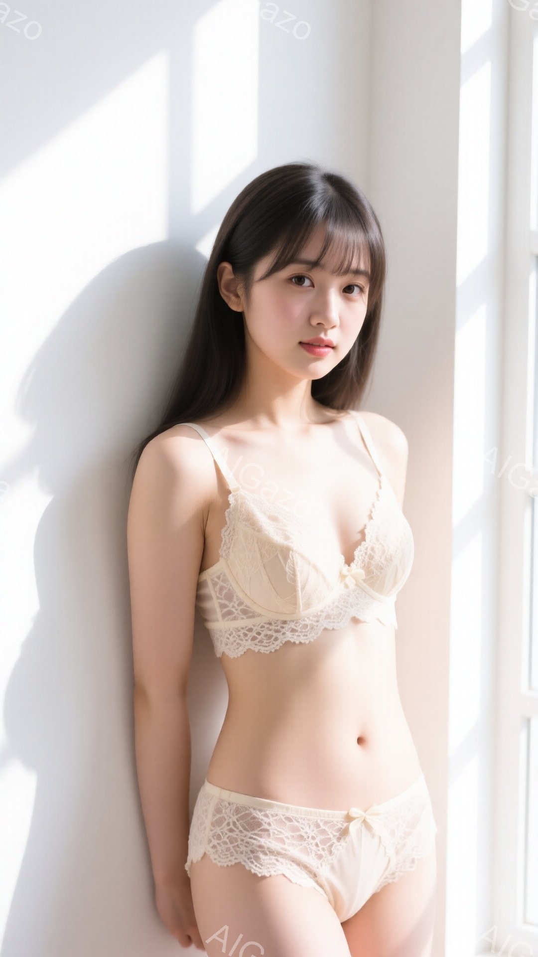 長い黒髪をセンターパートにした若い女性が、クリーム色のレースのブラとショーツのセットを身につけて、白い壁の前に立っています。彼女はわずかに微笑んでおり、リラックスした姿勢で壁に寄りかかっています。背景 - AI生成フリー素材