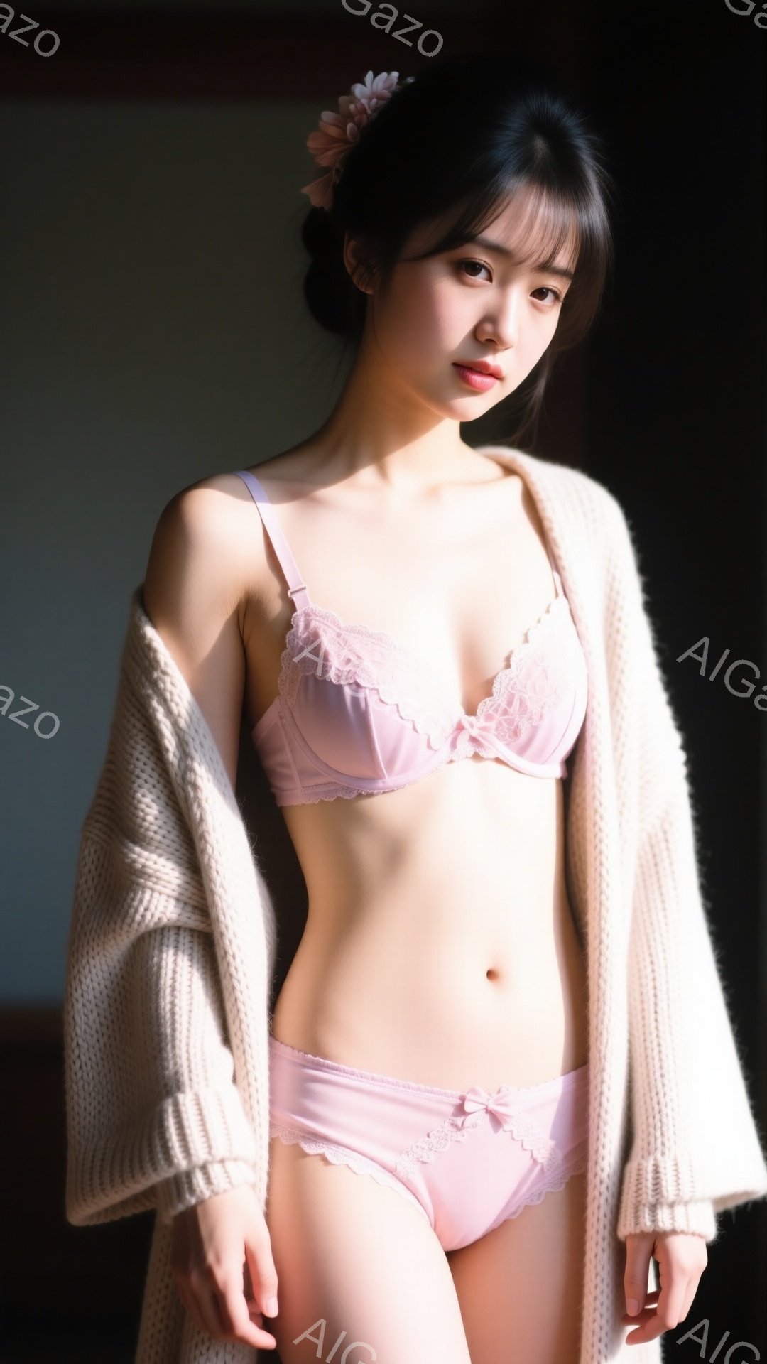 モデルは薄いピンク色のレースのブラとショーツを着用し、ベージュのニットカーディガンを羽織っています。彼女はやや微笑んでおり、黒髪を耳にかけると、少し横を向いています。背景はぼやけていますが、部屋の一部 - AI生成フリー素材