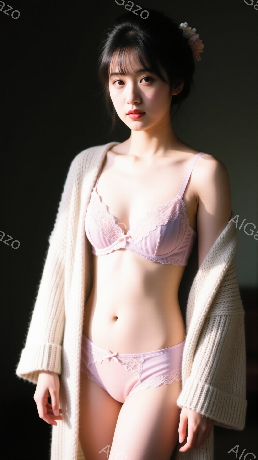 長い黒髪をゆるくまとめ、前髪が少し顔にかかっている女性が写っています。ピンク色のレースのブラとショーツに、オフホワイトのニットカーディガンを羽織っており、少し恥ずかしそうな表情でカメラを見ています。背景は暗く、光が女性に当たることで、柔らかく繊細な雰囲気が漂っています。