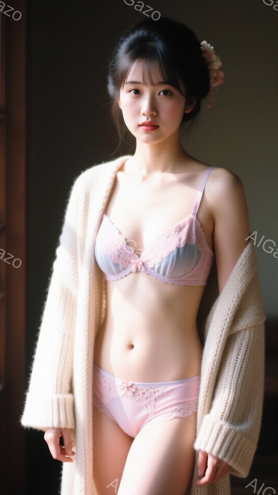 長い黒髪を後ろでまとめ、顔の横には小さな花飾りをつけている女性が写っている。淡い水色とピンクのレースのブラとショーツを着用し、オフホワイトのニットカーディガンを羽織っている。背景はぼやけており、室内で - AI生成フリー素材