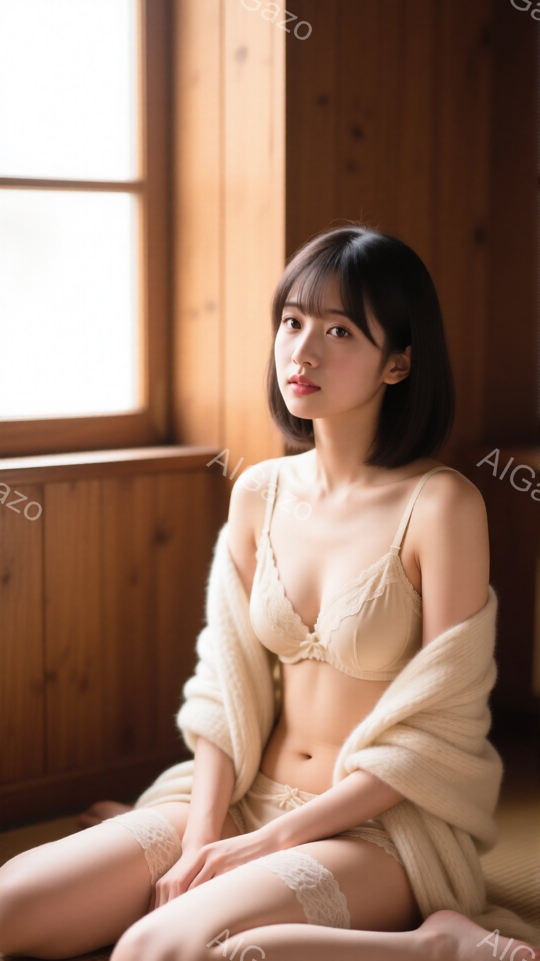 短い黒髪に前髪を合わせた女性が、ベージュのレースのブラとショーツ、そしてオフホワイトの毛羽立ったカーディガンを着用して座っています。彼女はリラックスしたポーズで、わずかに微笑んでおり、明るい色の木製の - AI生成フリー素材