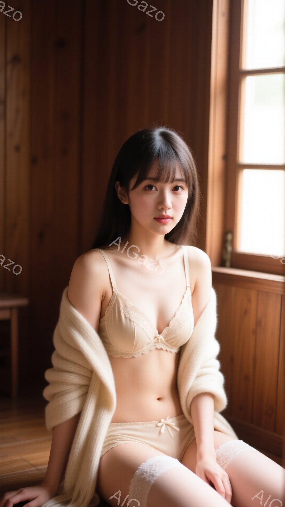 長い黒髪に前髪をかけた女性が、ベージュのブラとショーツ、そしてふわふわしたカーディガンを着て、床に座っています。彼女は穏やかな表情でカメラを見つめており、背景は木製の壁と窓で、温かく落ち着いた雰囲気です。光が柔らかく差し込み、女性の肌を美しく照らしています。