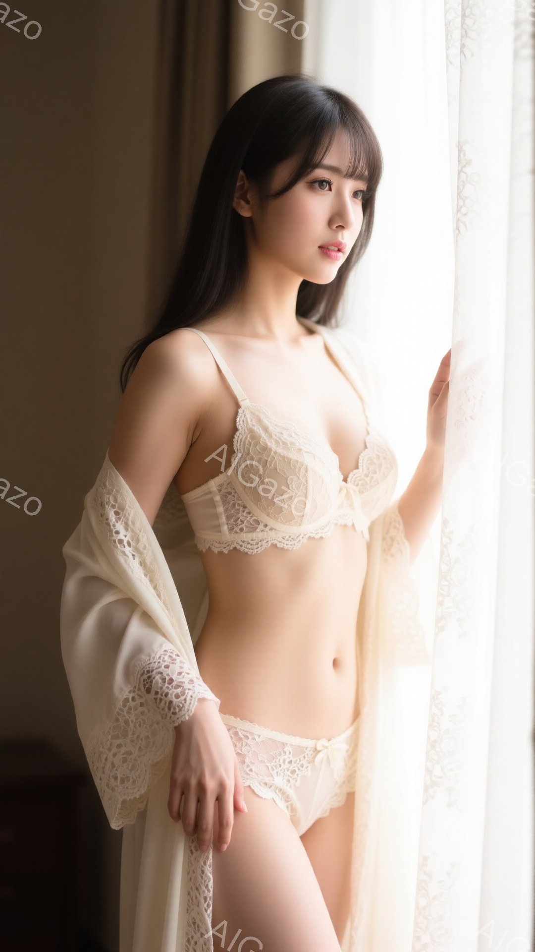 長い黒髪を耳にかける女性が、レースがあしらわれたアイボリーのランジェリーと、同じ素材のショールを身に着けています。彼女は窓辺に立ち、少し憂いを帯びた表情で遠くを見つめており、柔らかい光が彼女を照らして - AI生成フリー素材