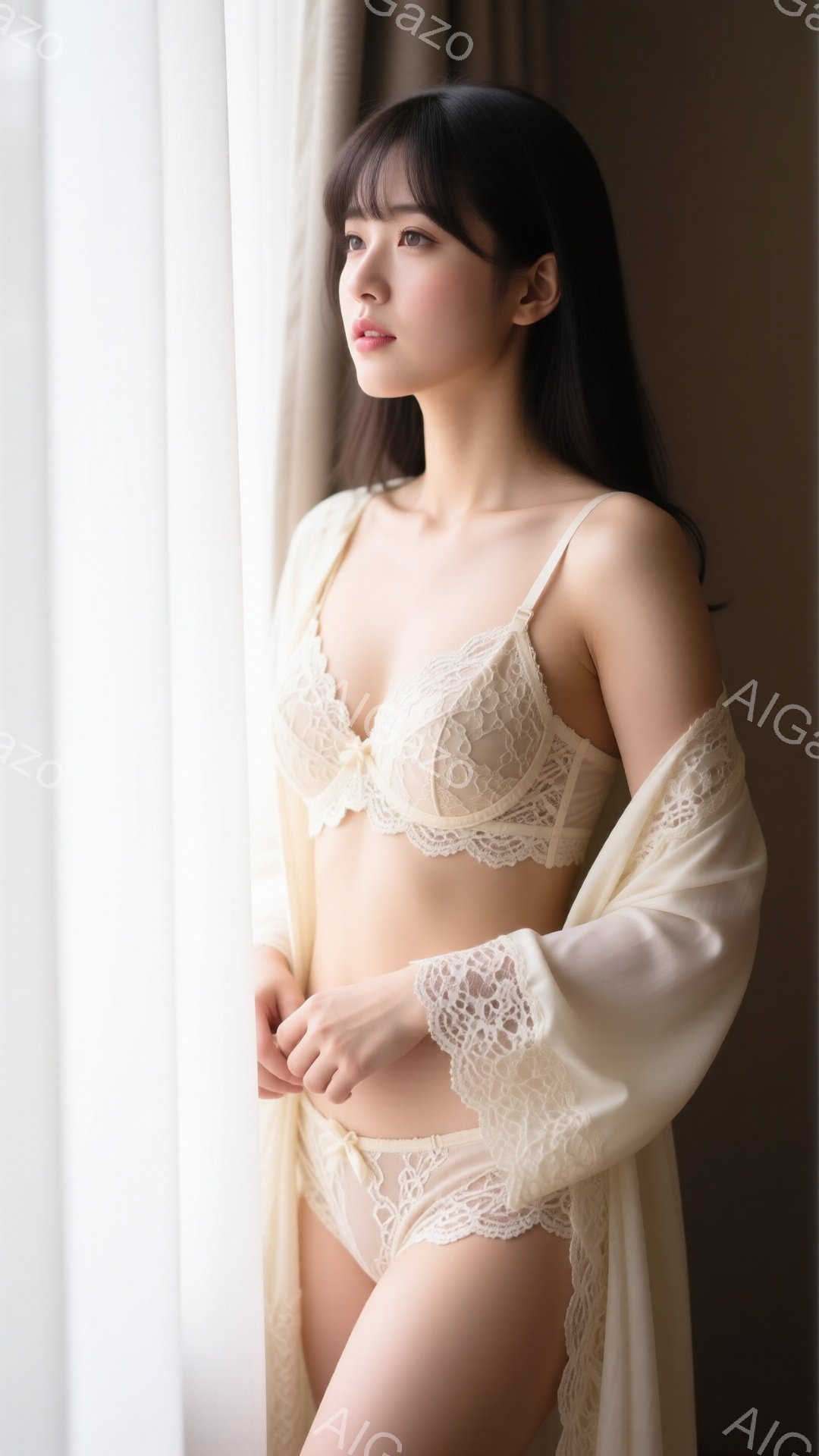 長い黒髪を耳にかける女性が、クリーム色のレースのランジェリーとガウンを身に着けて立っている。彼女は窓辺で、わずかに内側を見つめ、物憂げな表情をしている。背景はぼやけたベージュのカーテンで、全体的に柔らかく、繊細な雰囲気である。