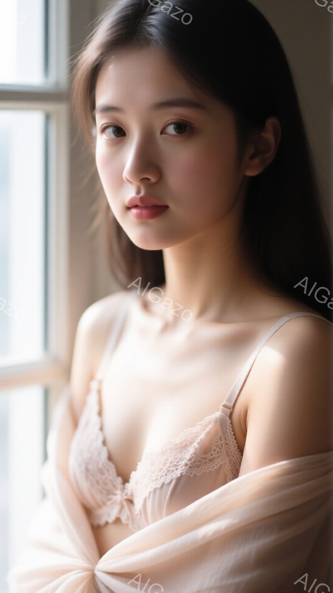 長い黒髪を無造作に垂らし、ベージュ色の繊細なレースのブラレットと、薄手のオフショルダーのトップスを着た若い女性が写っている。彼女は正面を少し外して見つめ、穏やかで物憂げな表情を浮かべている。背景には光 - AI生成フリー素材