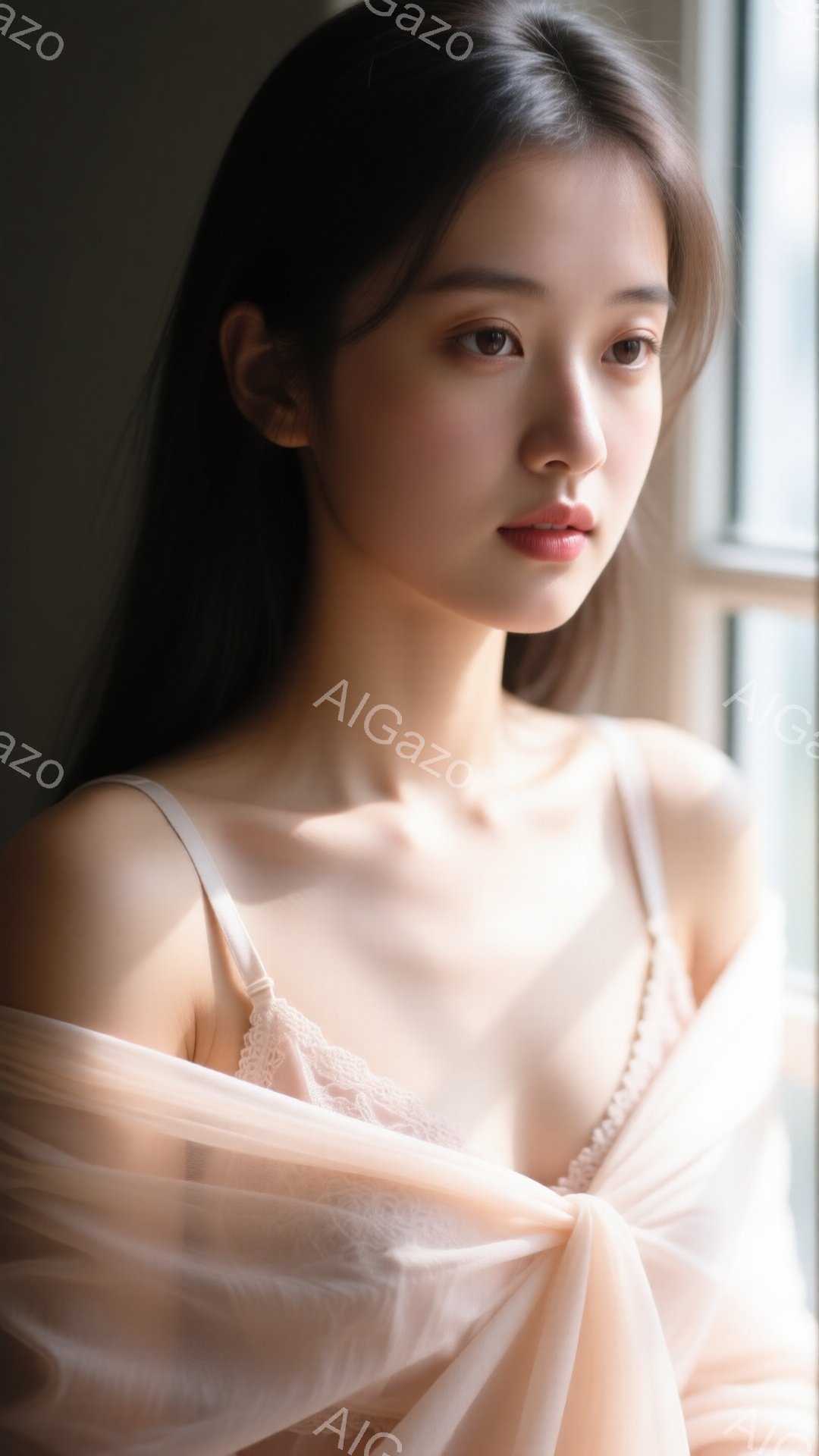 長い黒髪をセンターパートにした女性が、淡いピンク色のシースルーの布を肩に掛けています。彼女はわずかに微笑んでおり、その表情は穏やかで優雅です。背景にはぼやけた窓があり、柔らかい光が彼女を照らし、全体的 - AI生成フリー素材