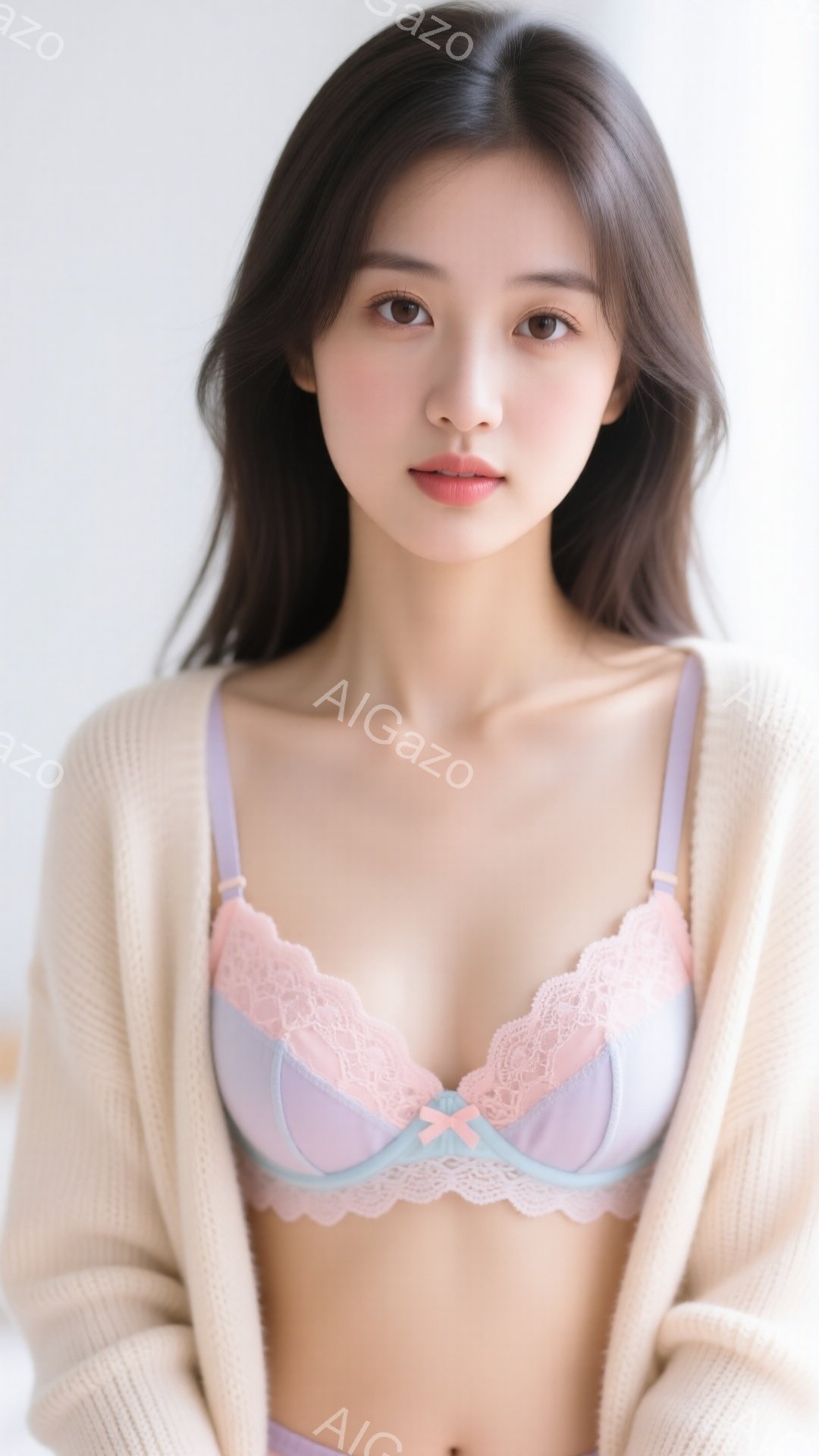 長い黒髪の女性が、薄いベージュのカーディガンと、水色とピンクのレースがあしらわれたブラジャーとショーツを身に着けています。彼女はカメラを見つめ、穏やかで控えめな表情を浮かべており、姿勢はリラックスして - AI生成フリー素材