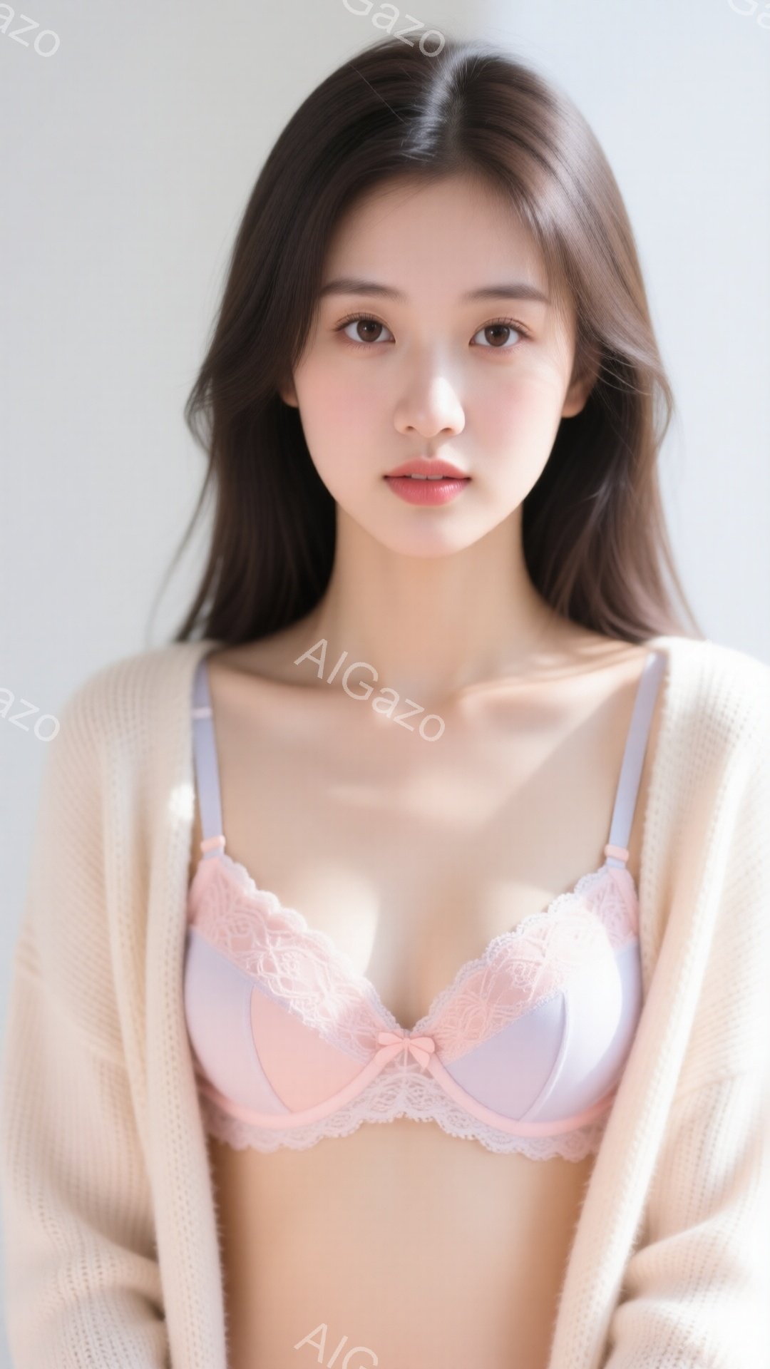 長い黒髪の女性が、薄いピンクと紫のレースのブラと、ベージュのニットカーディガンを着ています。彼女は正面をまっすぐ見て、わずかに微笑んでいます。背景は白く、明るく、柔らかい雰囲気です。 - AI生成フリー素材