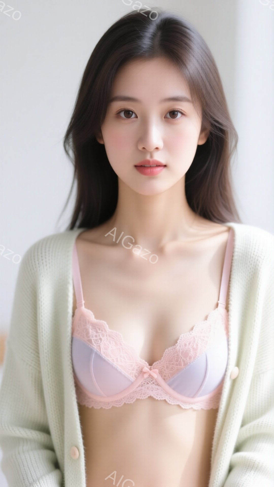 長い黒髪の女性が、薄いミントグリーンのカーディガンを羽織り、レースの縁取りが施された薄いピンクのブラレットを着用しています。彼女は正面を向き、穏やかな微笑みを浮かべ、リラックスした姿勢で立っています。 - AI生成フリー素材