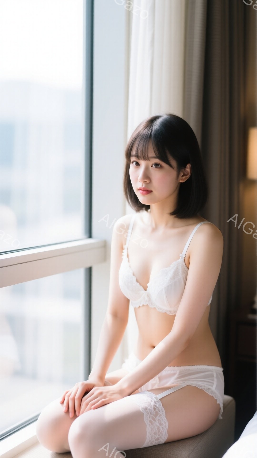 短い黒髪の女性が、レースの白い下着姿で、窓際に座っています。彼女は少し微笑んでおり、穏やかな表情をしています。背景には高層ビルが見え、室内は明るく、落ち着いた雰囲気が漂っています。 - AI生成フリー素材