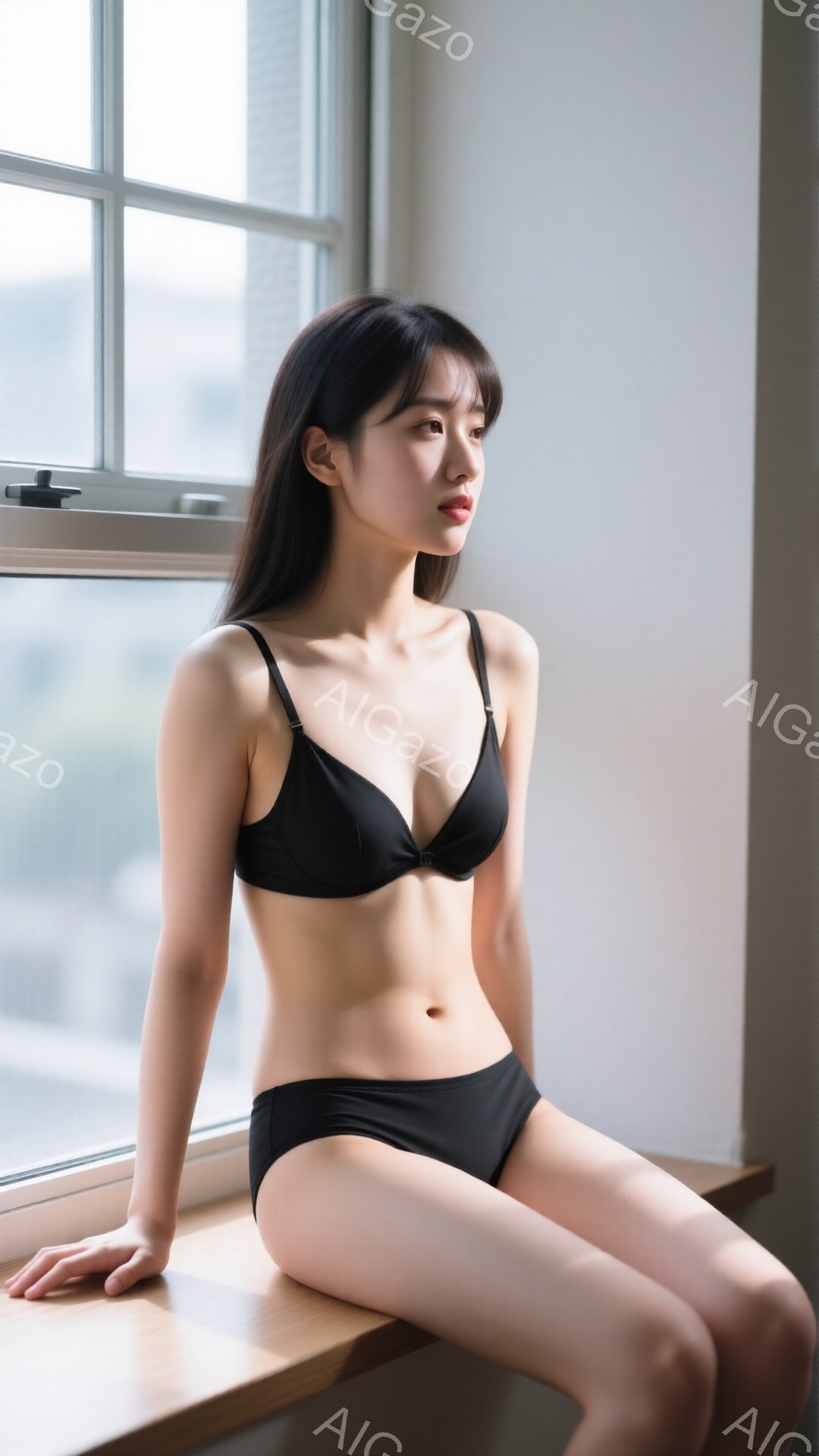 長い黒髪の女性が窓際の腰掛に座っており、黒い下着姿をしています。彼女はやや横を向き、憂いを帯びた表情で遠くを見つめています。窓の外にはぼやけた都市の風景が広がり、全体的に静かで内省的な雰囲気を醸し出しています。