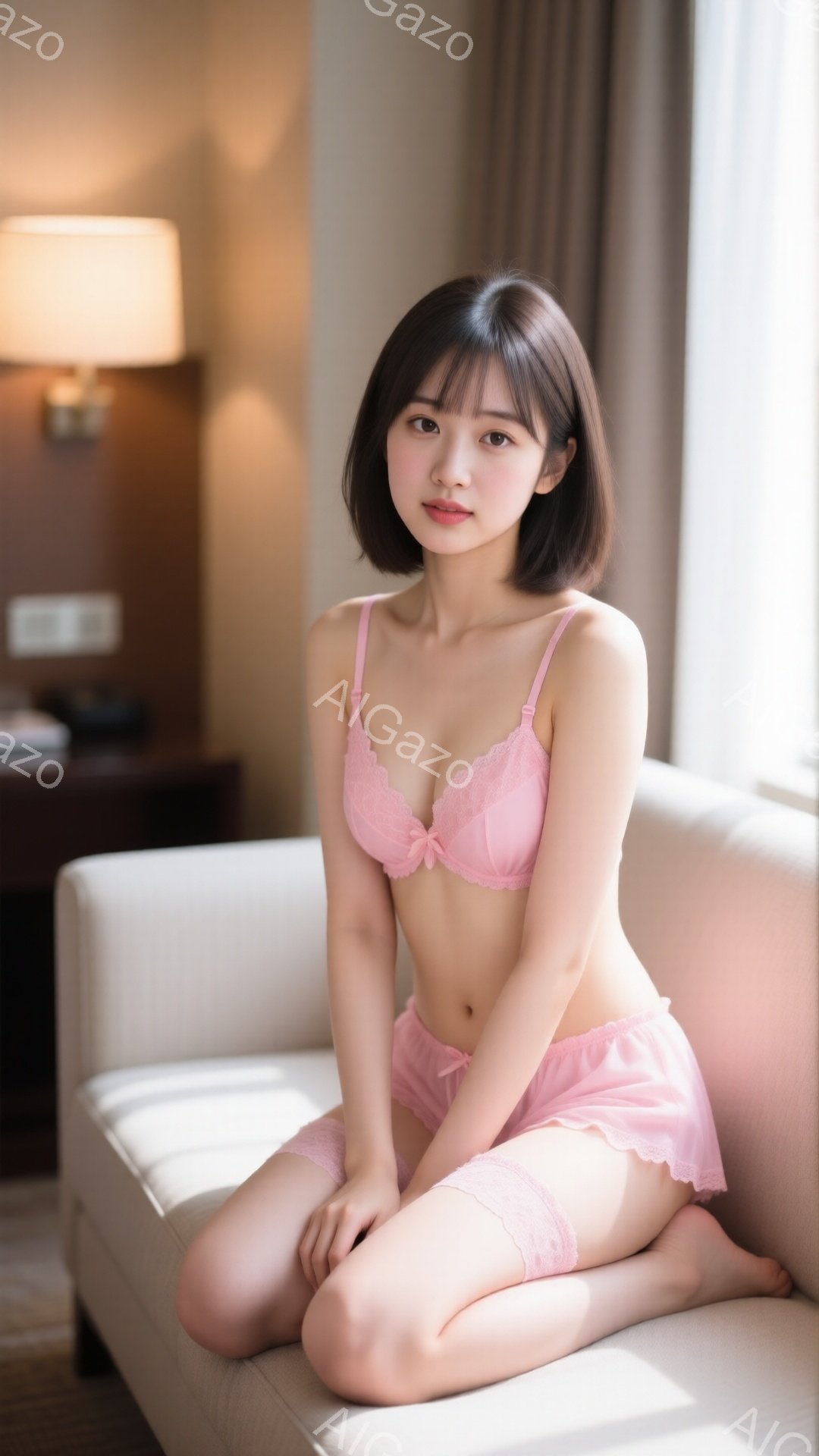 明るい室内で、ピンク色のランジェリー姿の若い女性がソファに膝を曲げて座っています。彼女は短い茶色の髪で、穏やかな表情を浮かべています。背景には木製のナイトスタンドと間接照明があり、柔らかい光が彼女を照 - AI生成フリー素材