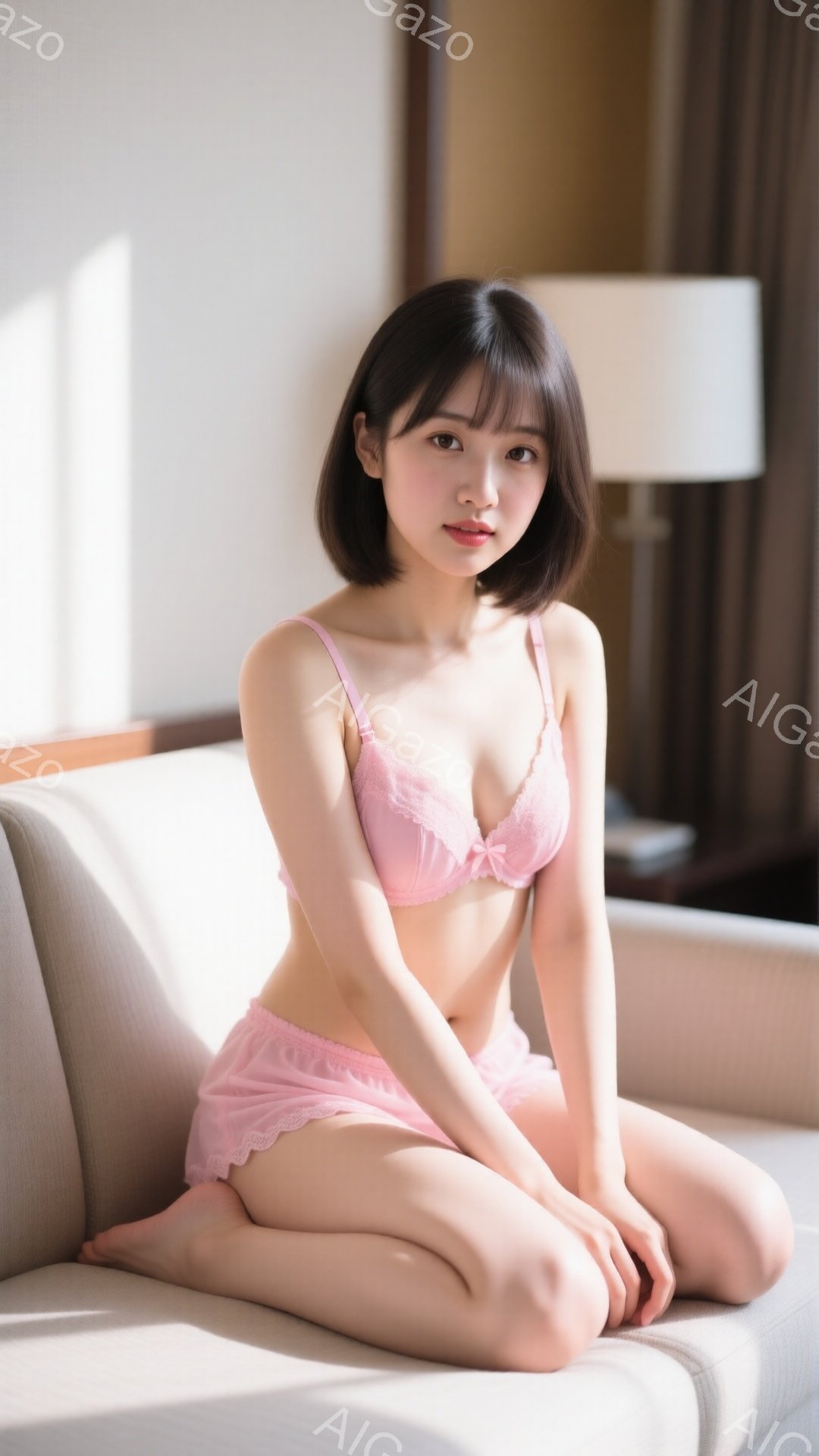 短い黒髪の女性が、淡いピンク色のランジェリー姿でソファに座っています。彼女は膝を曲げて座り、少し微笑んだ表情をしています。背景は明るい室内で、柔らかな光が差し込み、穏やかでリラックスした雰囲気を醸し出 - AI生成フリー素材