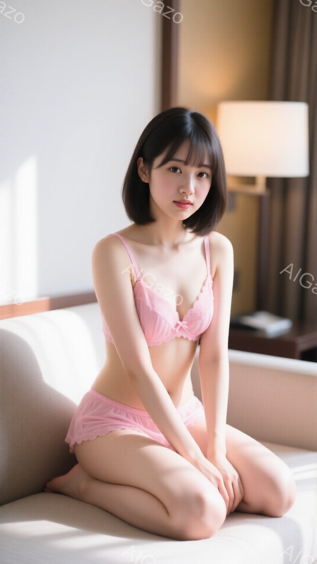 浅いピンク色のレースのブラとショーツを着用した若い女性が、明るい部屋の白いソファにひざまずいて座っています。彼女は黒髪のショートボブヘアで、穏やかな表情をしています。背景には木製の家具と間接照明があり - AI生成フリー素材