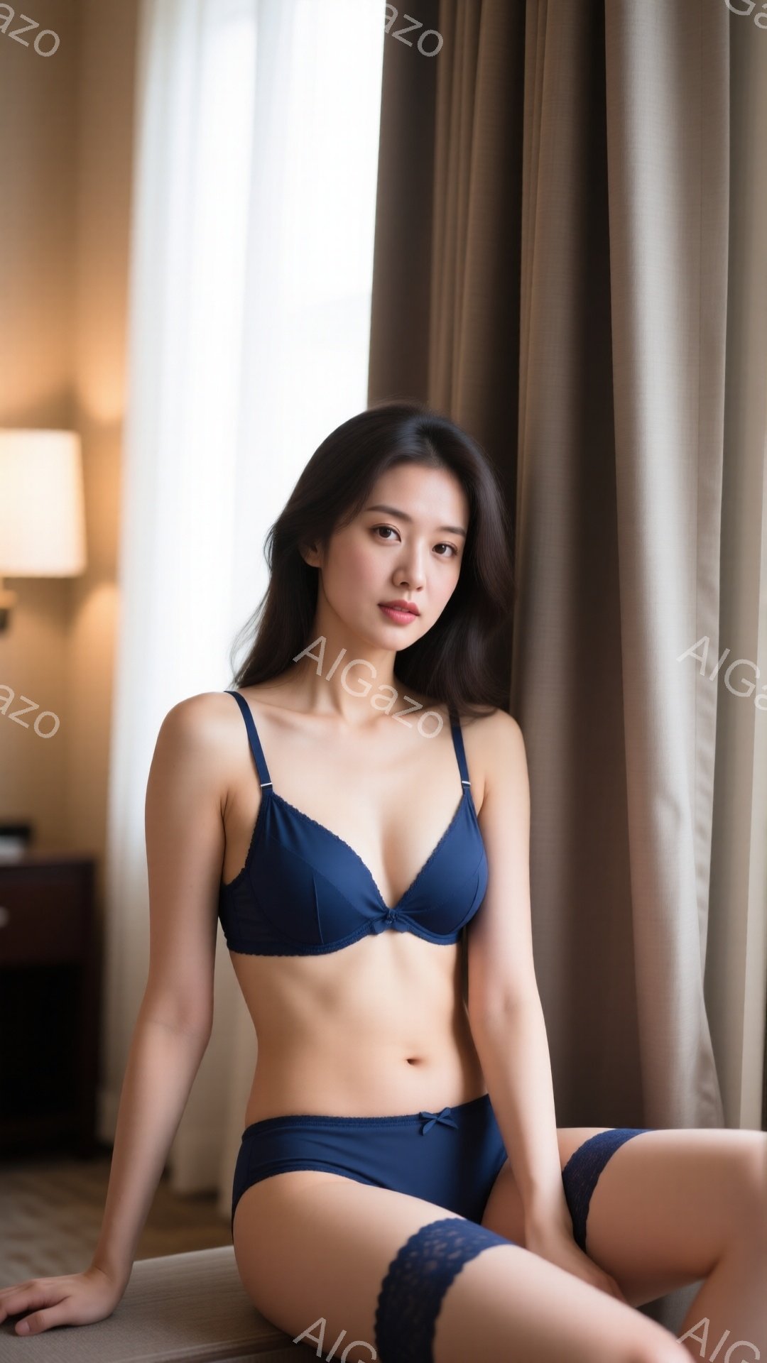 深い青色のブラジャーとショーツを着用した女性が、クリーム色のソファに座っています。彼女は長い黒髪で、落ち着いた表情をしています。背景にはカーテンと薄暗い家具が見え、全体的に落ち着いた雰囲気です。 - AI生成フリー素材