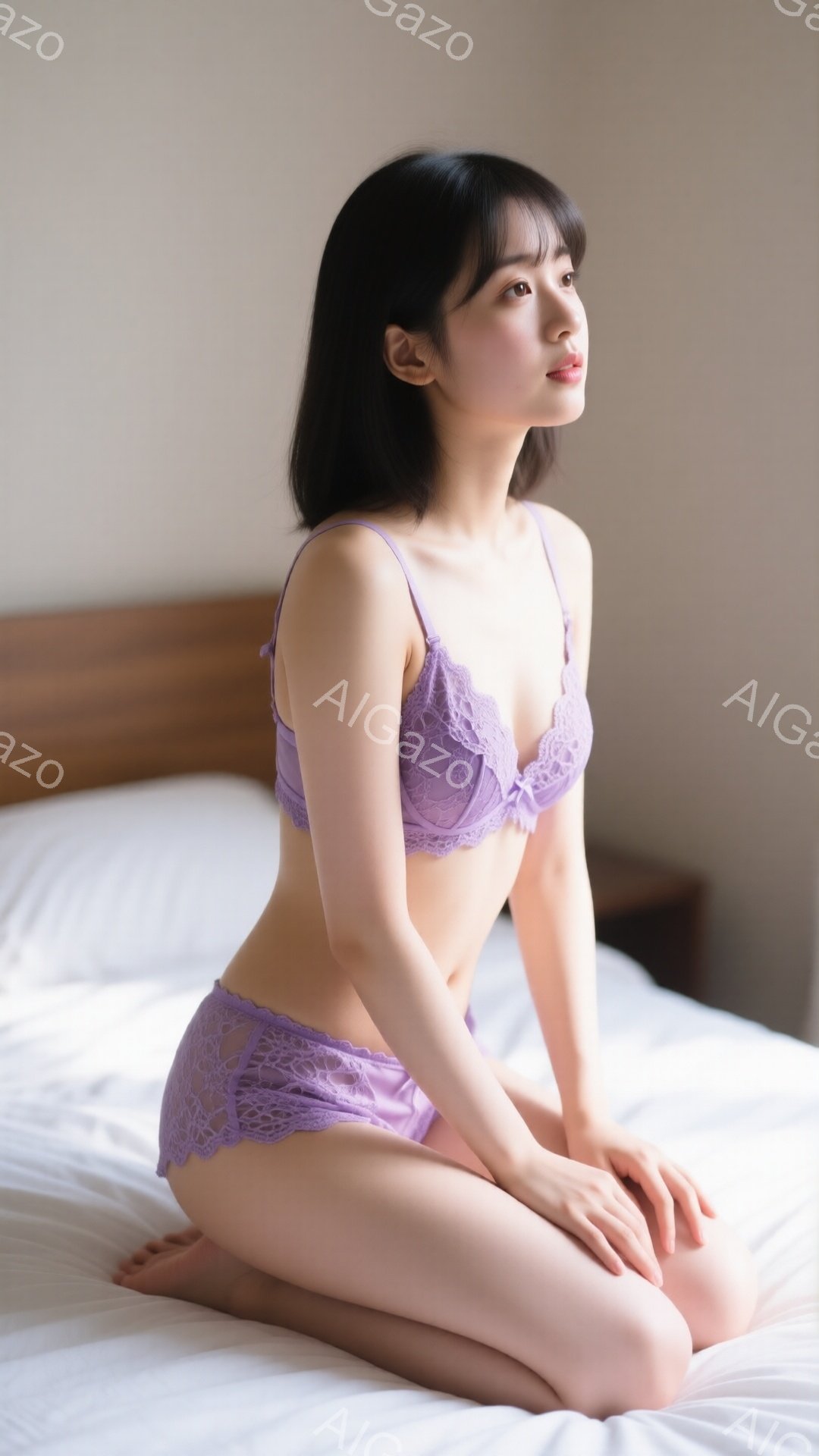 暗い髪の女性が、薄紫色のレースのブラジャーとショーツのセットを身に着け、白いベッドの上に膝を抱えて座っています。彼女は穏やかな表情で横を向いており、素足でリラックスした様子です。背景はシンプルな白い壁で、全体的にソフトで落ち着いた雰囲気です。