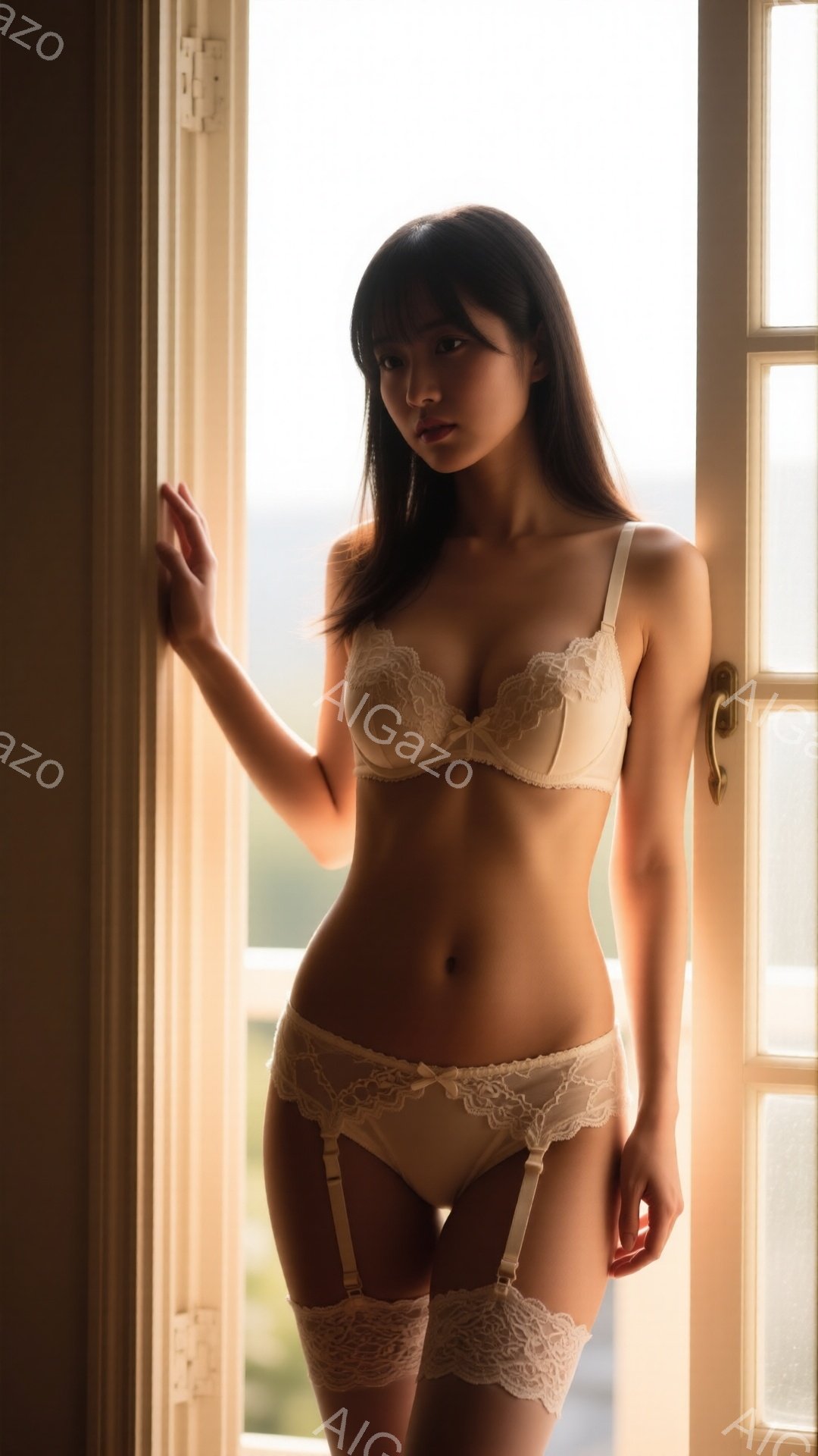 長い黒髪の女性が、クリーム色の繊細なレースのランジェリーセットを身につけて立っています。彼女は片手をドア枠に添え、少し横を向き、穏やかな表情で遠くを見つめています。背景には明るい自然光が差し込み、ぼや - AI生成フリー素材