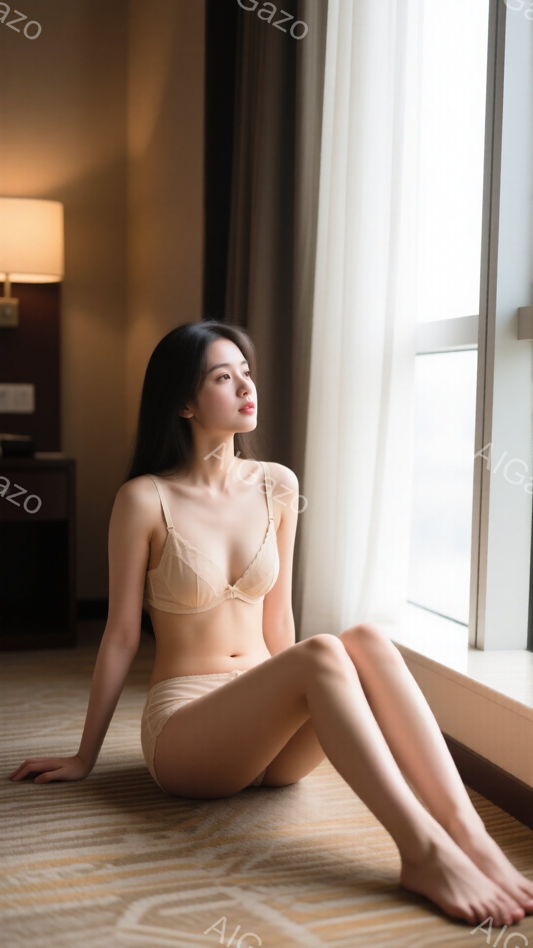 長い黒髪の女性が、窓辺の床に座り、ベージュのランジェリーセットを着用しています。彼女は少し上目遣いで遠くを見つめ、リラックスしたポーズをとっています。背景には木製の家具と窓からの柔らかい光があり、全体的に落ち着いた雰囲気が漂っています。