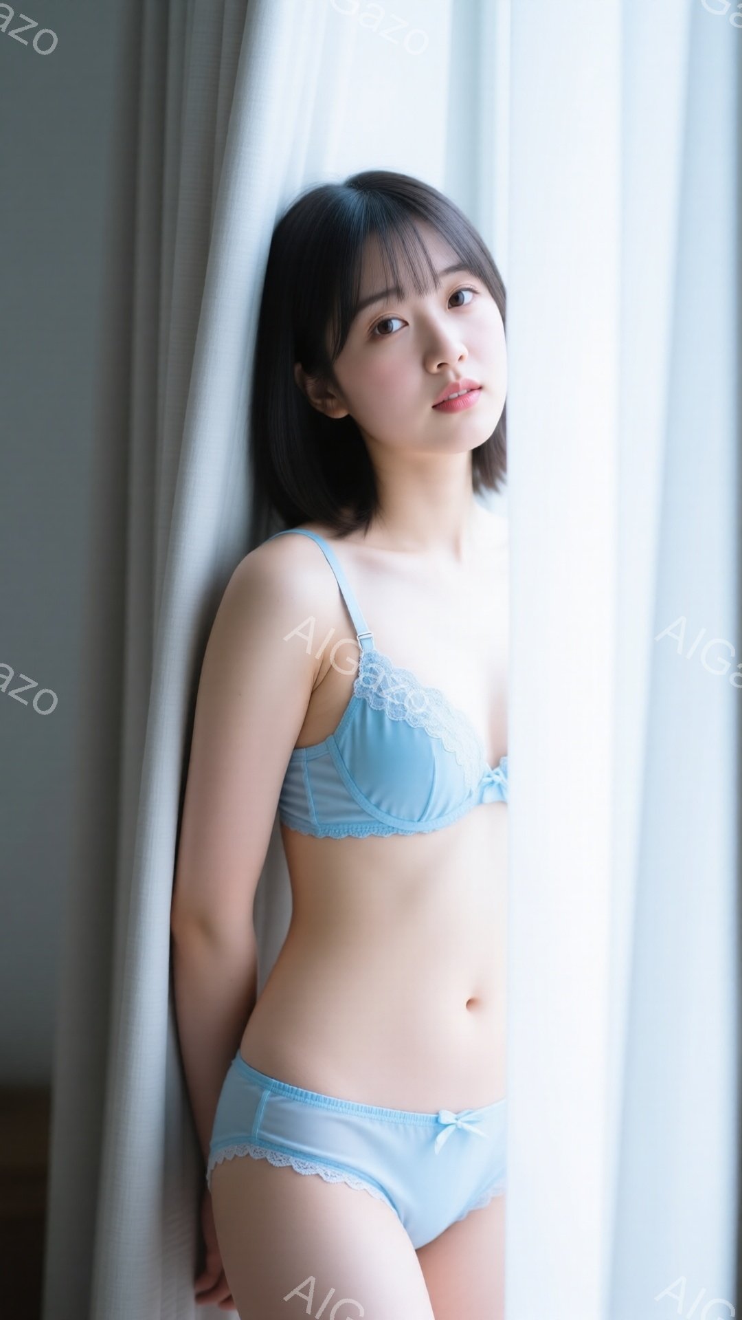 明るい青色のレースのブラとショーツを着用した若い女性が写っています。彼女は肩を少し内側に丸め、壁に寄りかかり、穏やかな表情でカメラを見つめています。背景は柔らかい光が差し込む白いカーテンで、全体的に柔 - AI生成フリー素材