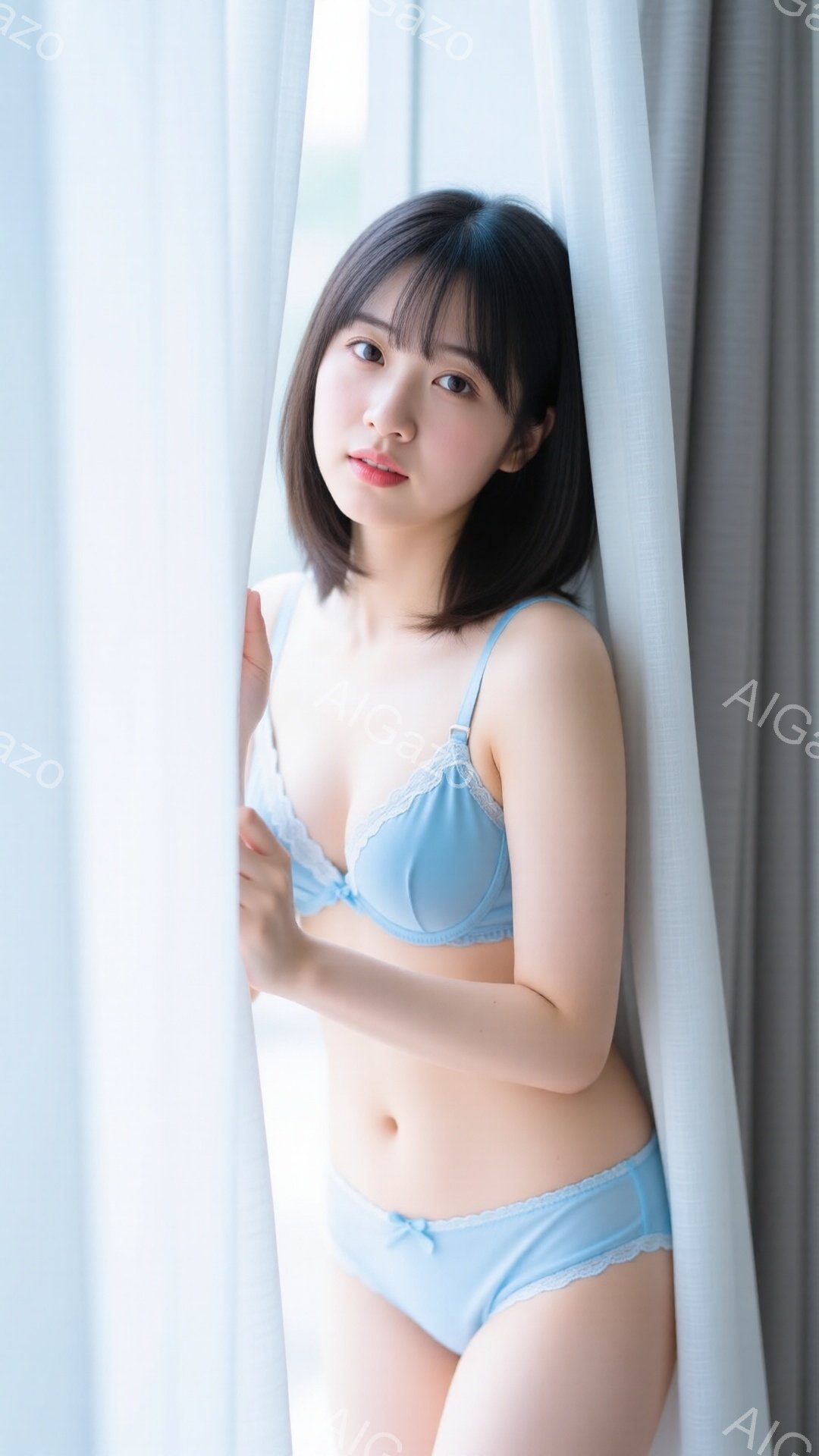 ショートヘアの女性が、明るいブルーのランジェリーセットを身に着けて立っています。彼女はわずかに微笑み、リラックスした表情で、片手を腰にあてています。背景は白いカーテンで、柔らかい光が差し込み、全体的に穏やかで清潔感のある雰囲気を醸し出しています。