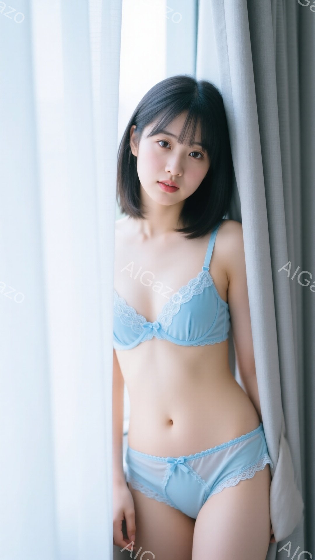 明るいブルーのレースのブラとショーツを身に着けた若い女性が写っています。肩までの長さの黒髪で、前髪は眉毛にかかるようにカットされています。彼女は壁に寄りかかっており、わずかに微笑んでカメラを見ています - AI生成フリー素材