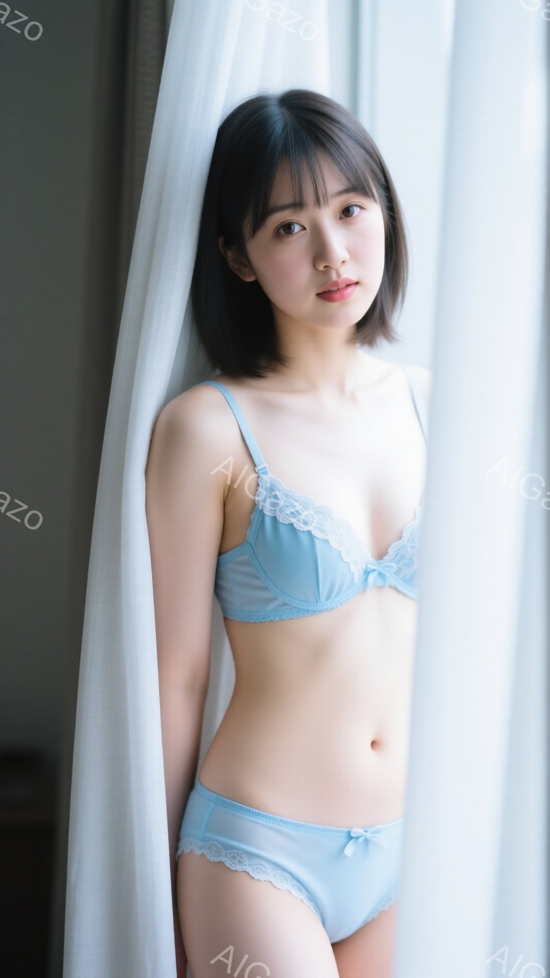 明るい茶色の髪を肩のあたりで切り揃えた若い女性が、淡い水色のランジェリーセットを身につけて立っています。彼女はわずかに微笑み、少し内側を向いた視線でカメラを見つめています。背景は白いカーテンでぼかされ - AI生成フリー素材